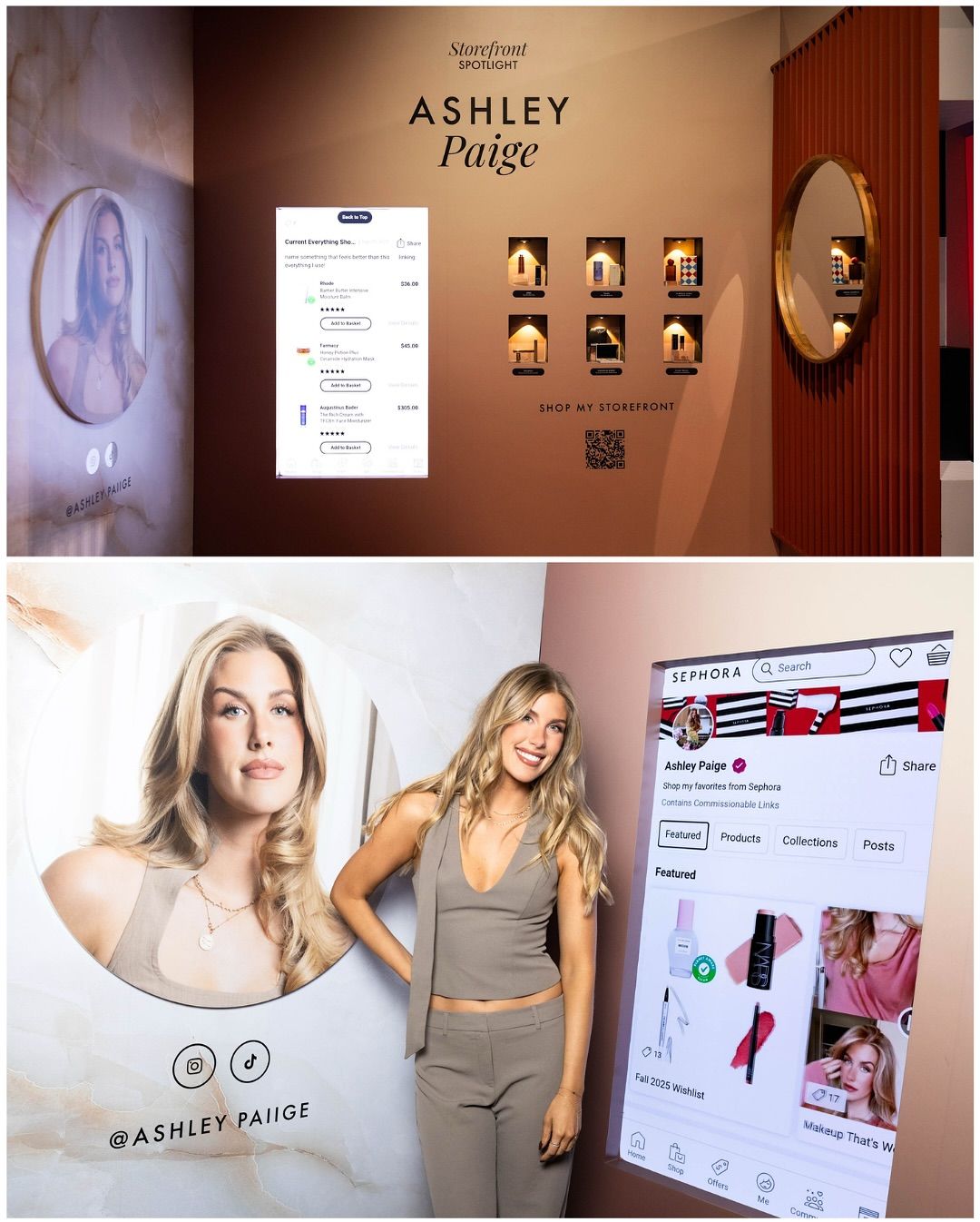Fashion brand presentation wall displaying photos and website mockups.