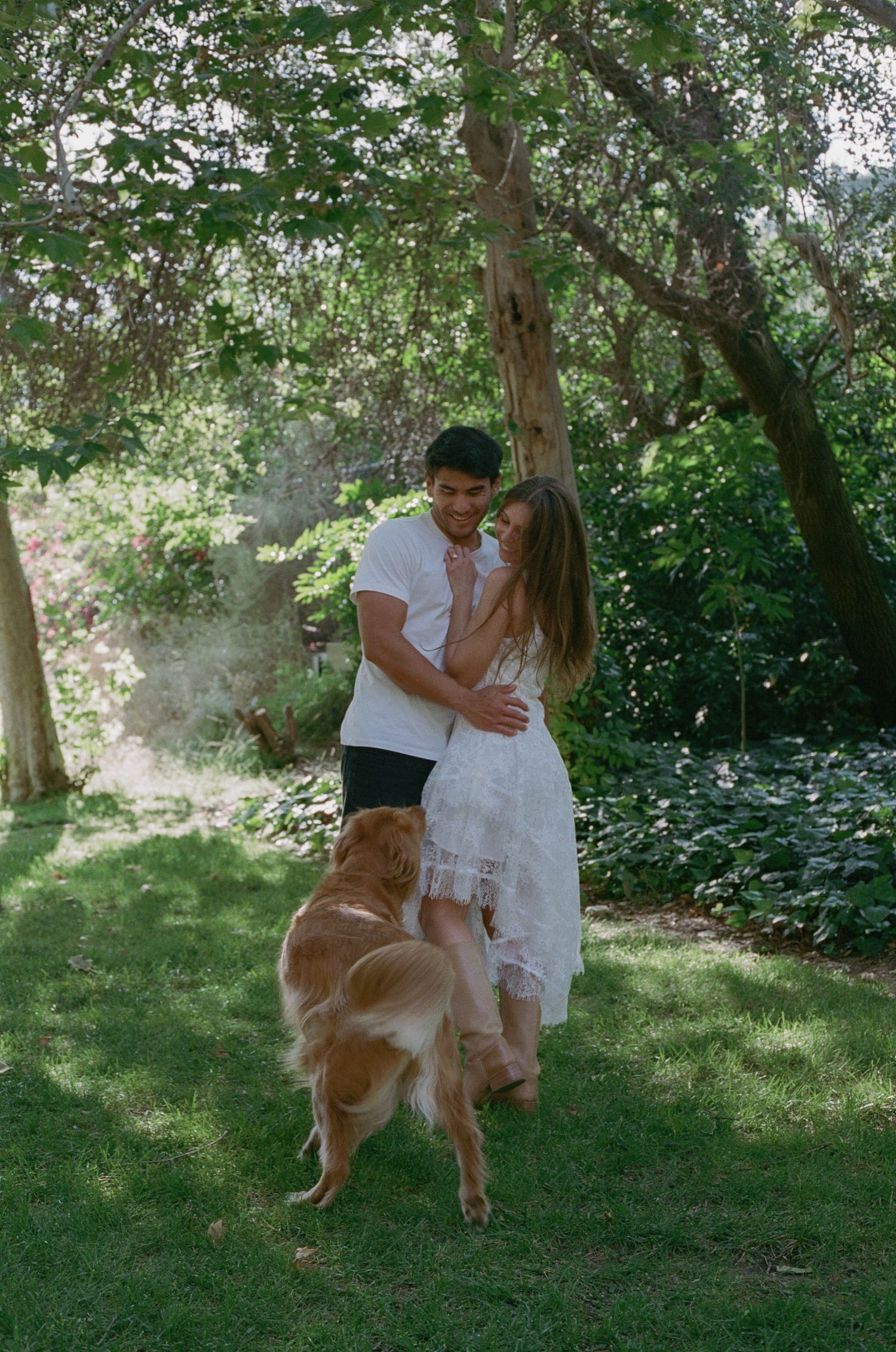 Couple embracing in lush green garden with golden retriever dog, romantic outdoor photo session.