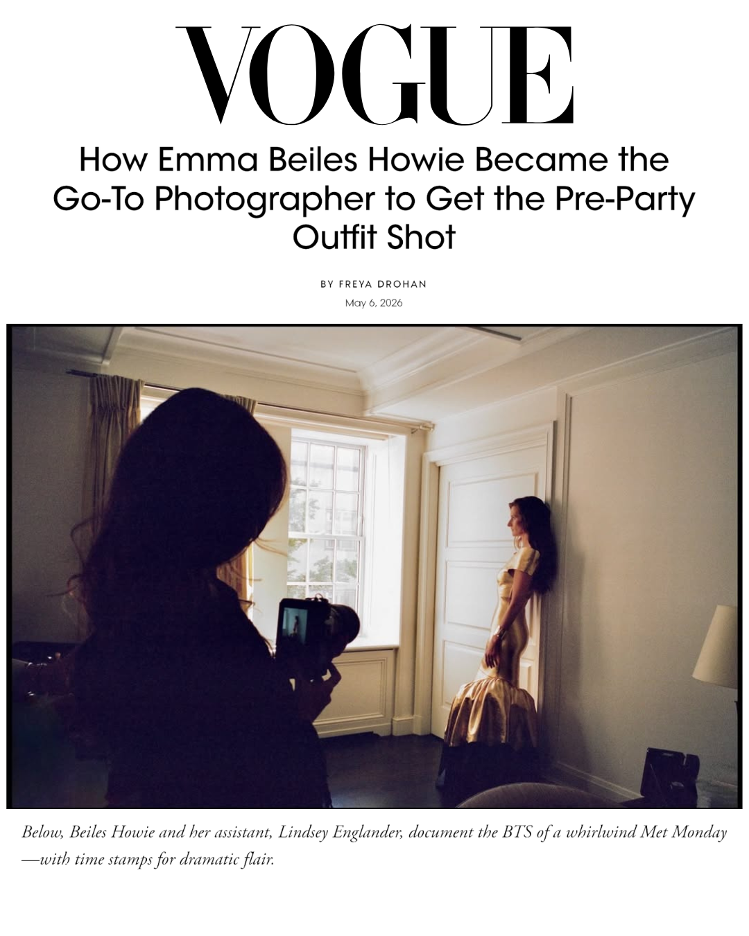 Vogue article featuring photographer Emma Beiles Howie for the MET Gala 2026, with assistant Lindsey Englander.