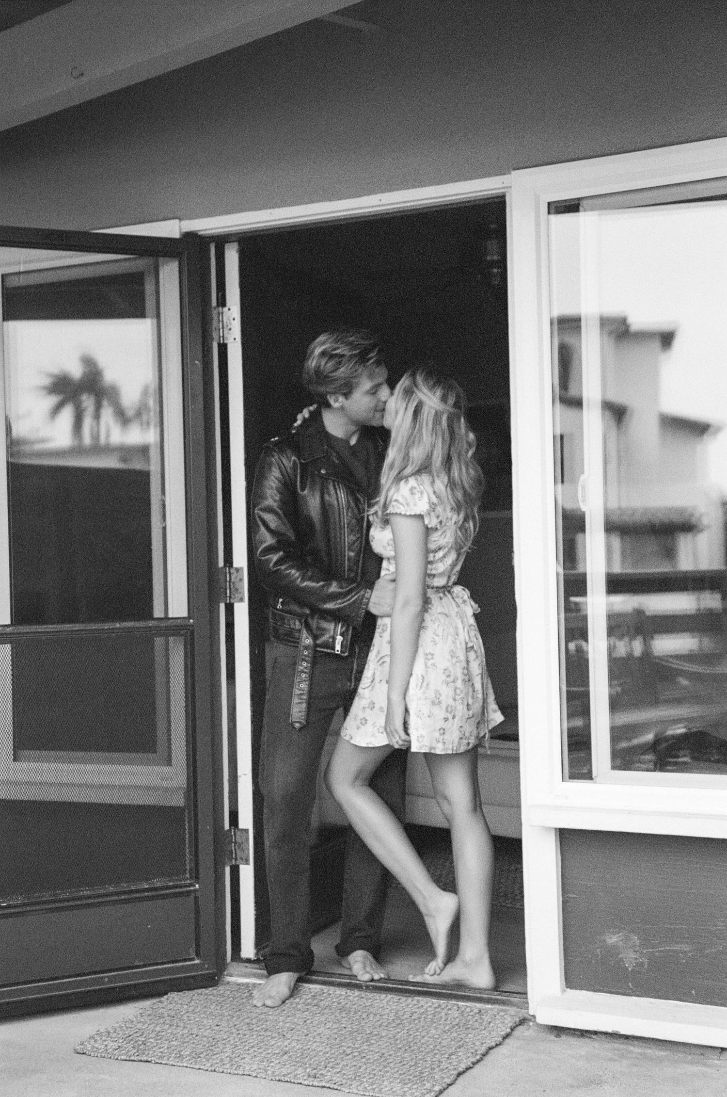 A series of black and white photographs showing people entering through doorways in different settings.
