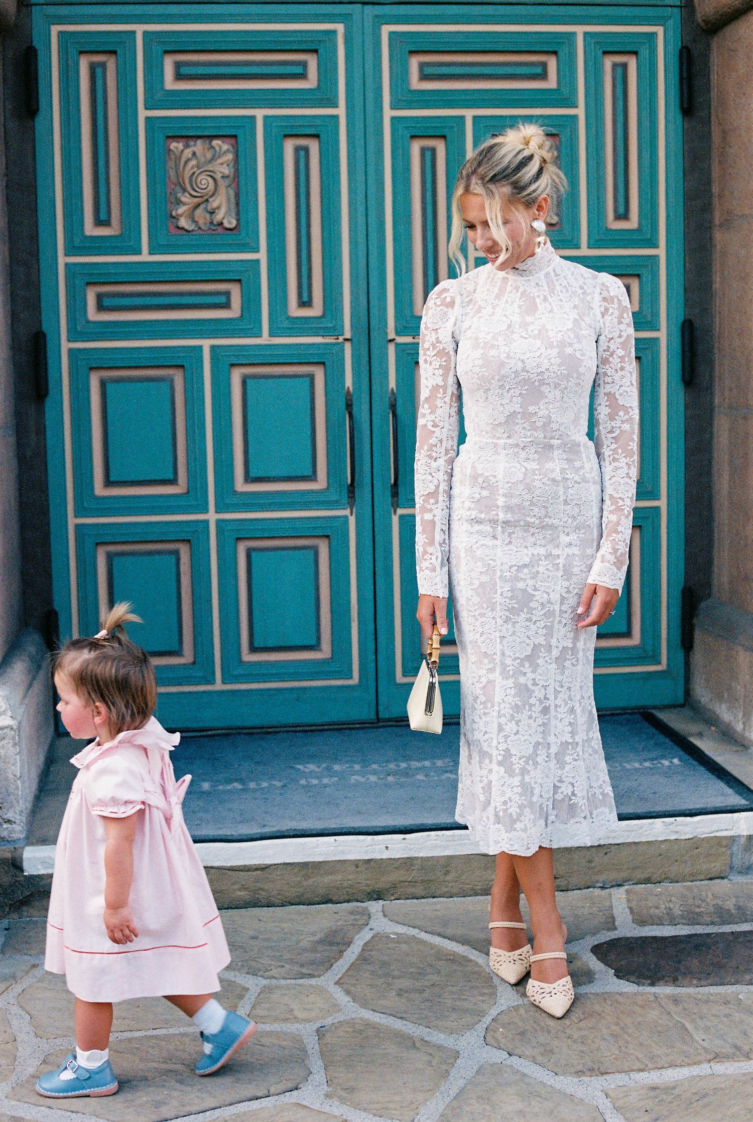 Series of photos showing people in formal wear against turquoise geometric doors.