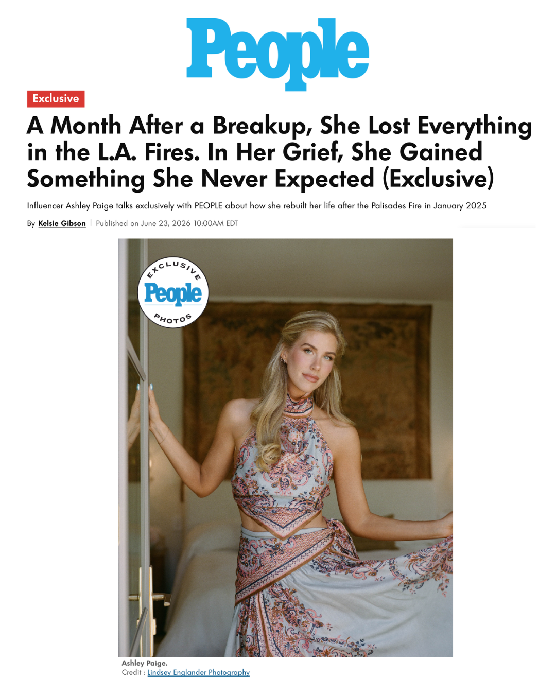 PEOPLE magazine exclusive article featuring influencer Ashley Paige, discussing her LA fire recovery story and her new home in Los Angeles.