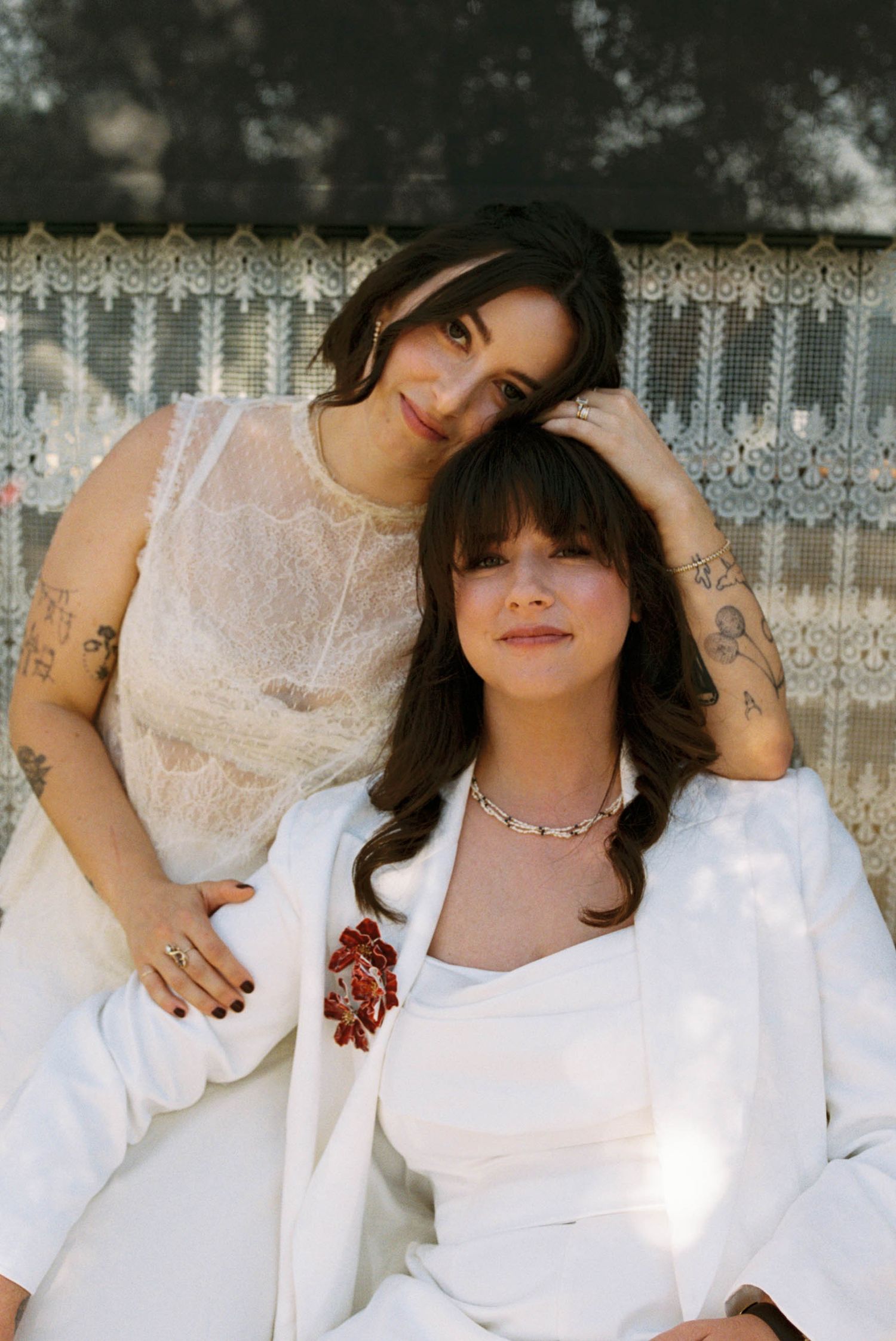 Four connected photos show a dreamy fashion portrait series featuring white clothing against a soft outdoor backdrop.