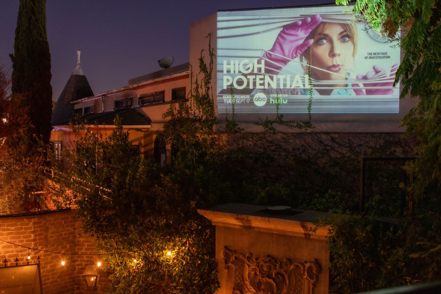 Outdoor nighttime projection display with illuminated trees and buildings.