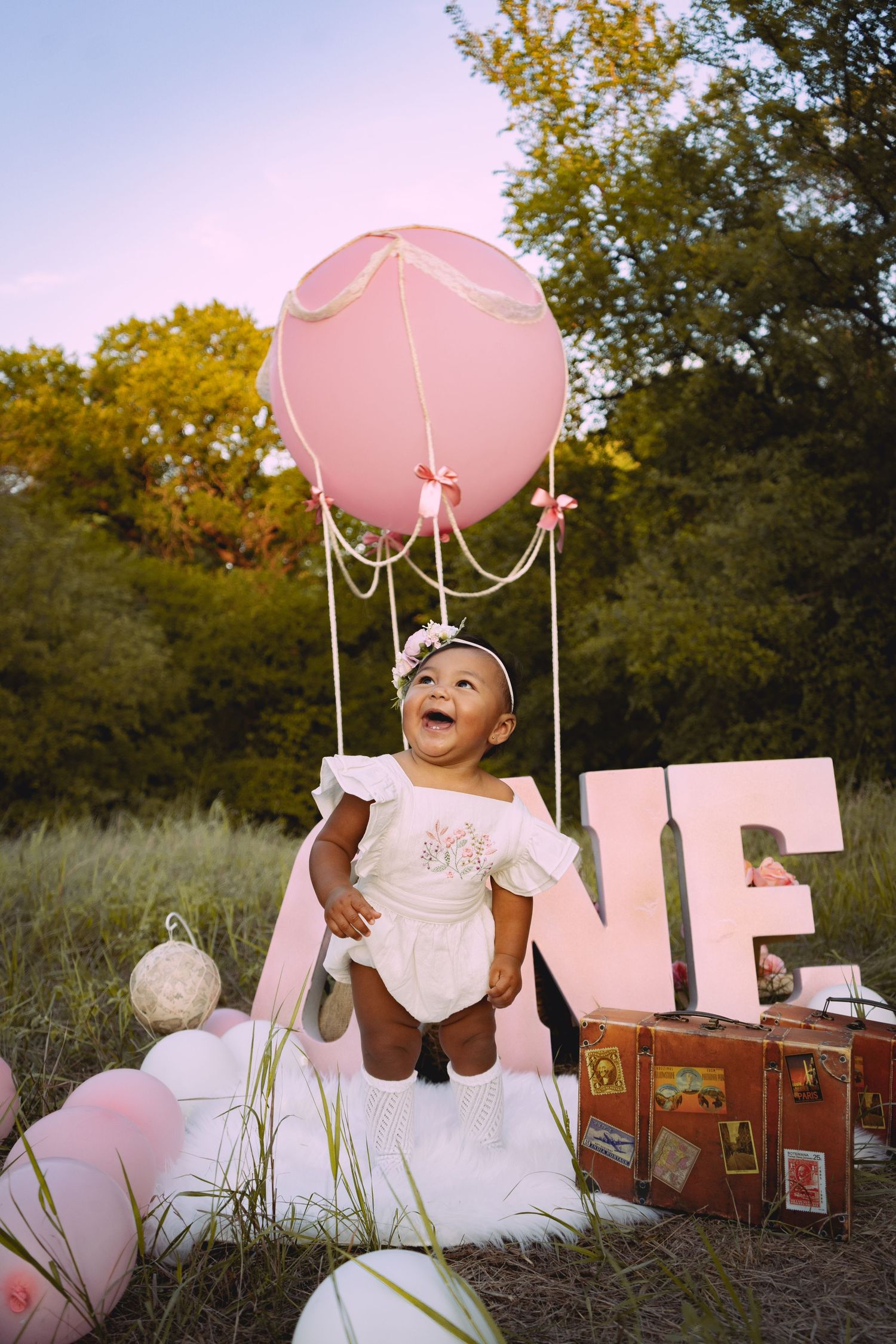 Outdoor photo session setup with vintage suitcases, pink balloons, and delicate tulle decorations in a natural field setting.