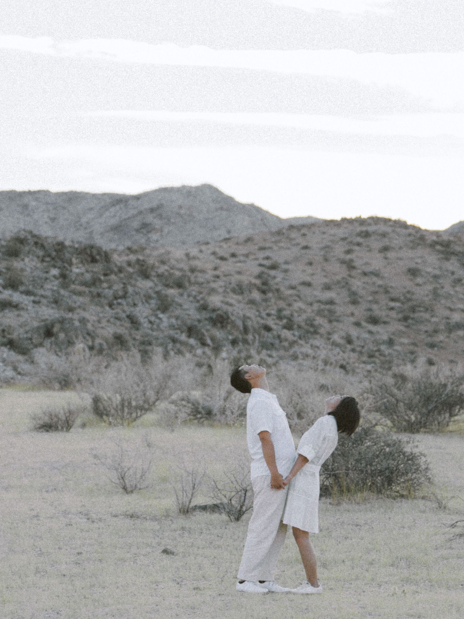 Couple in Joshua Tree leaning back together in a calm, film-inspired style; San Francisco Bay Area; Mandarin, Cantonese, English.