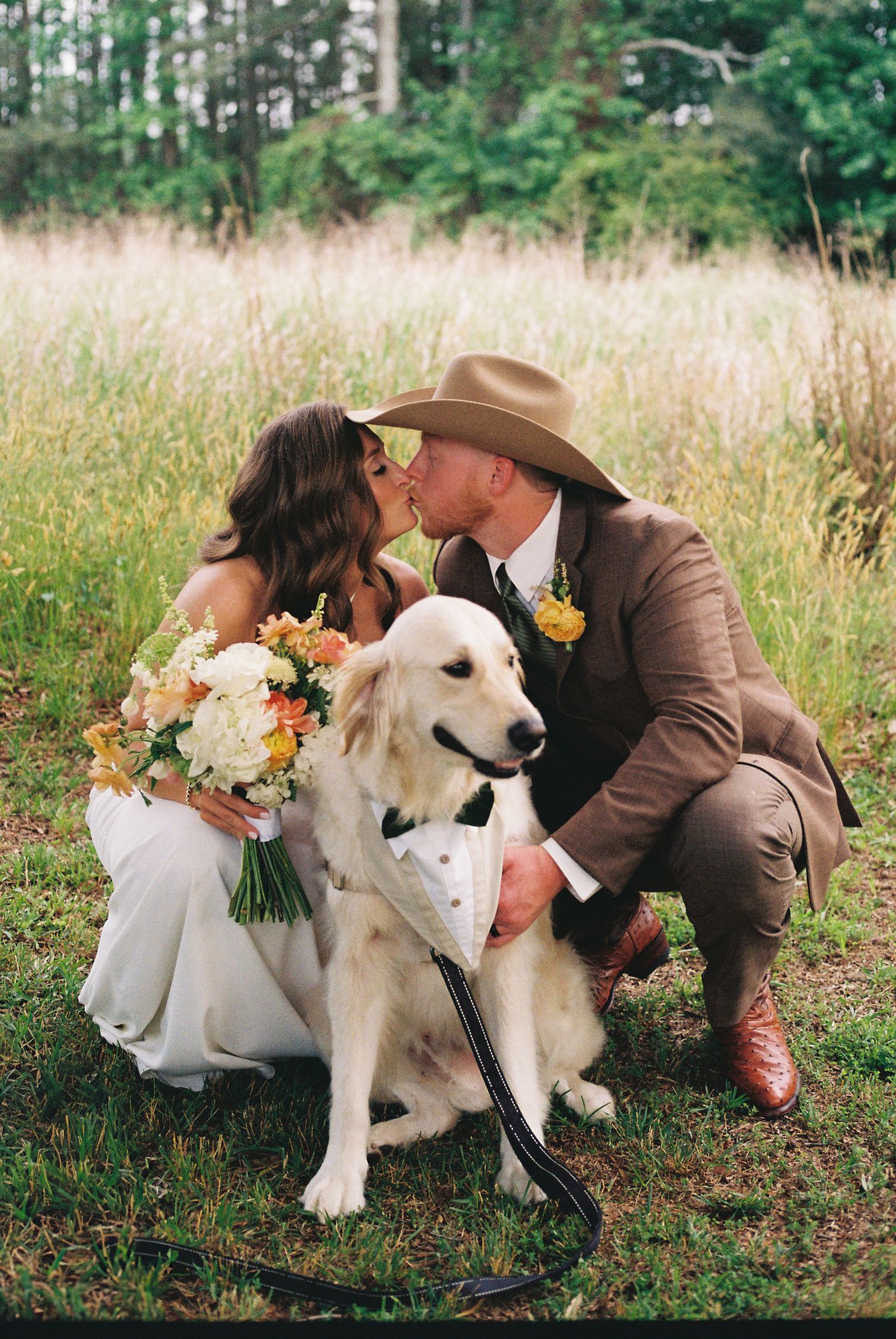 Bride and groom kissing behind their golden retriever in a tuxedo bib outdoors at a rustic wedding.