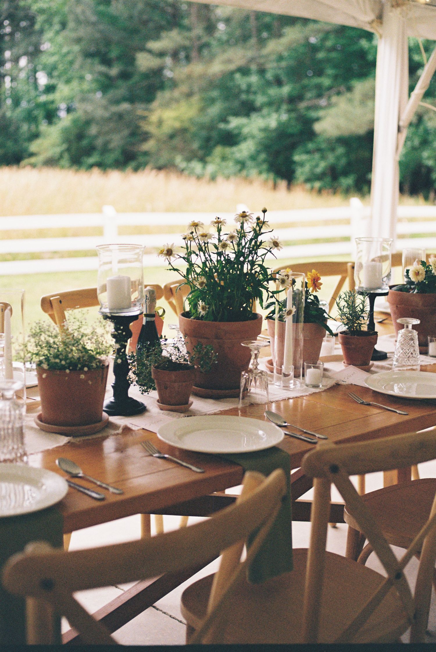 Rustic outdoor dining table with terracotta potted wildflowers, candles, white plates, and wooden cross-back chairs set for a garden event.