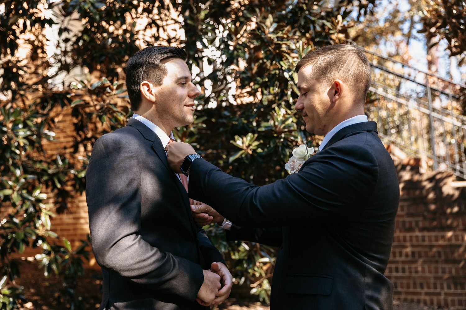 Series of candid moments between wedding party members in outdoor setting.