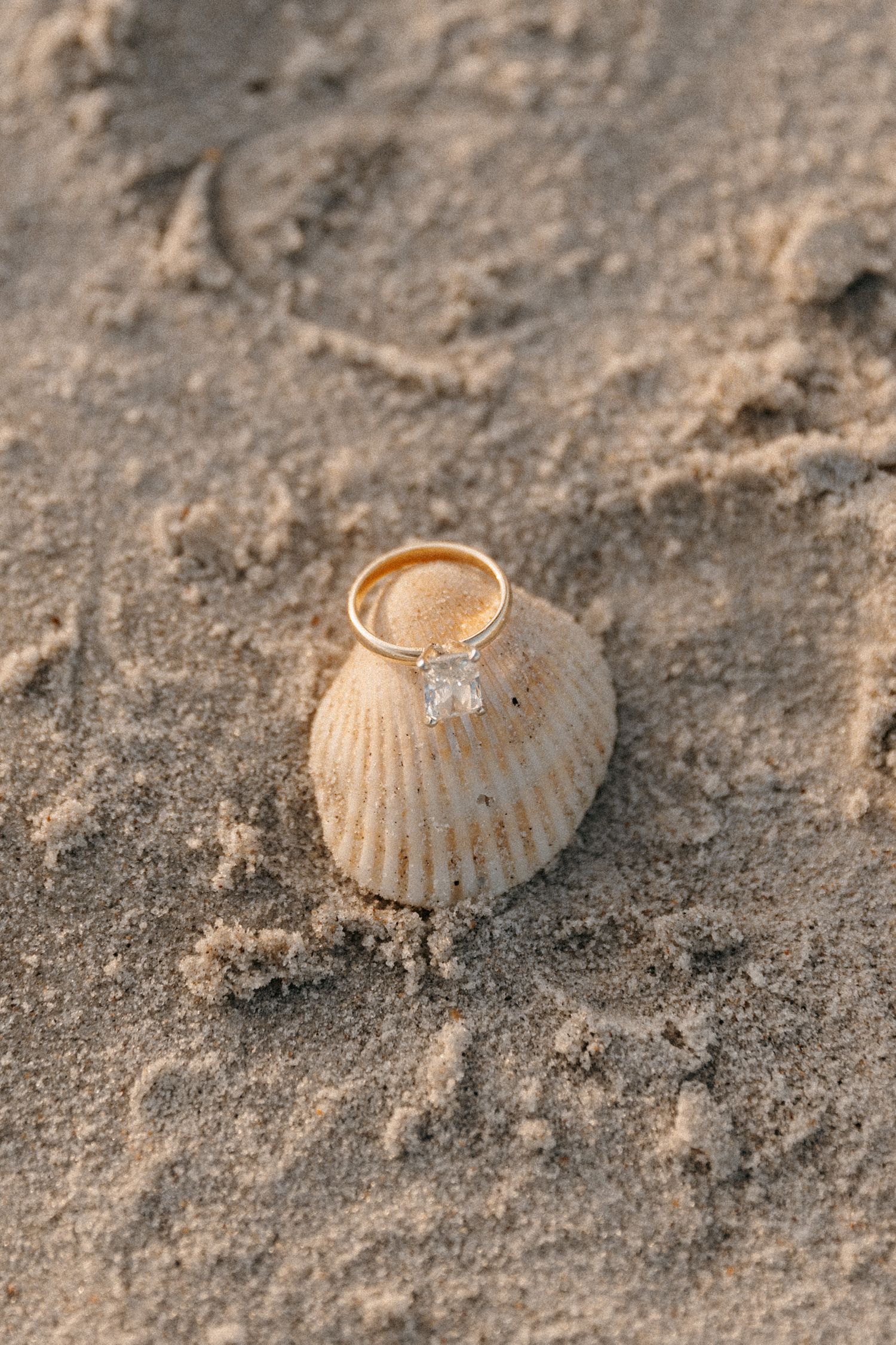 Gold diamond engagement ring resting on a seashell in sandy beach setting.