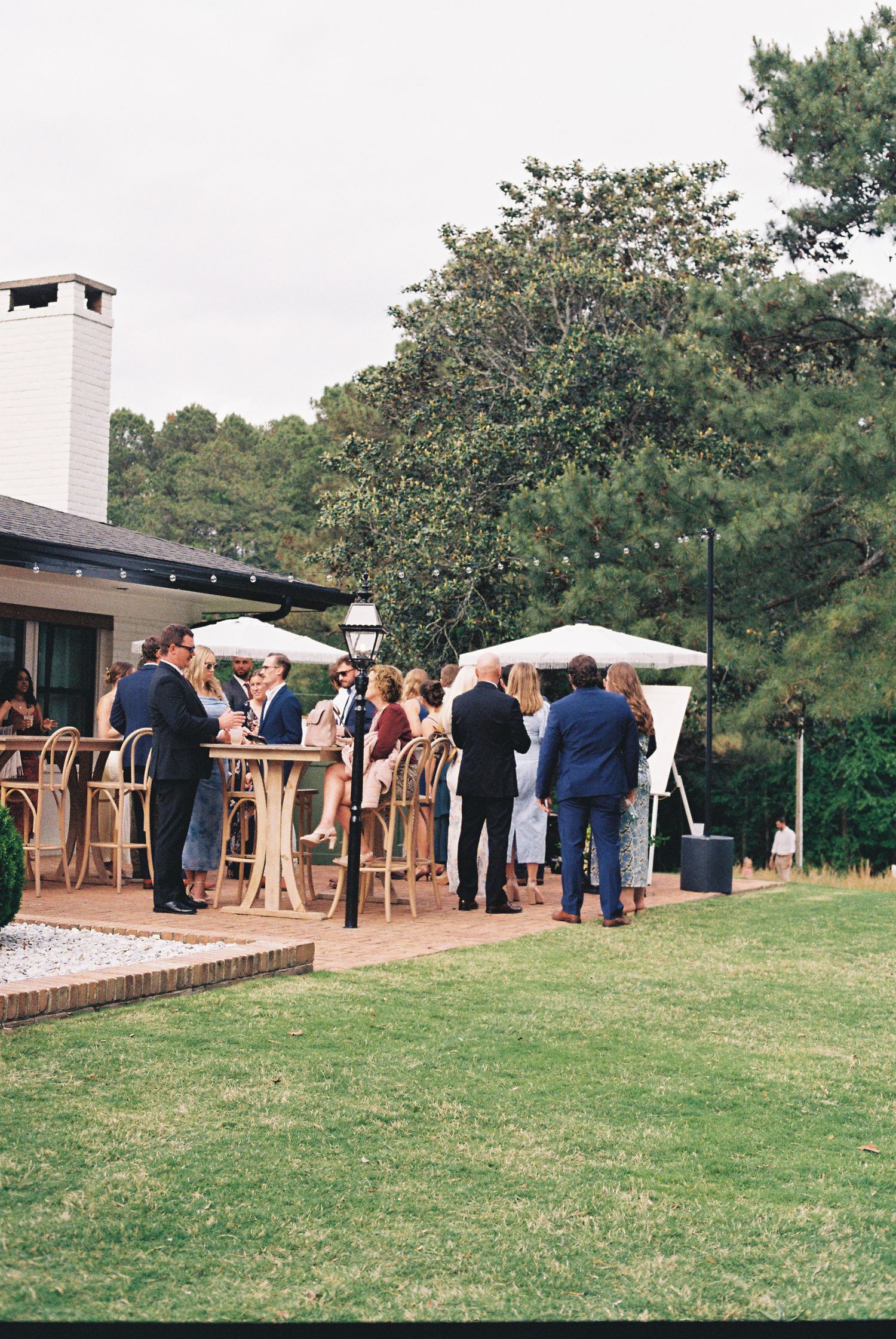Wedding cocktail hour guests mingling at outdoor bar with string lights and pine trees.