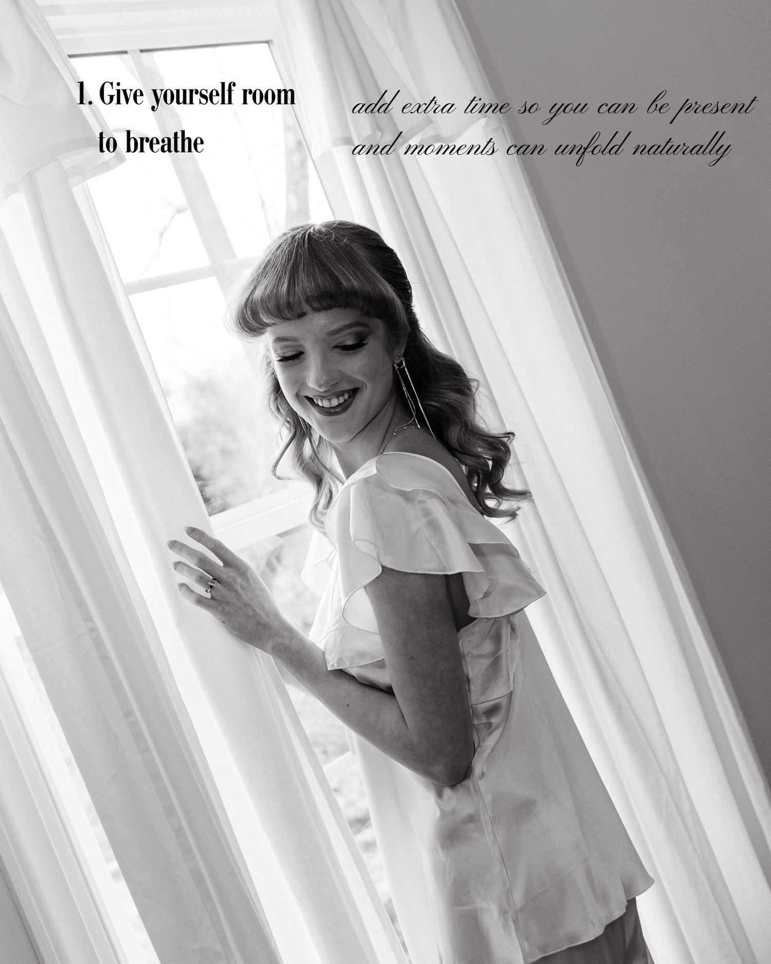 Black and white photo of a smiling woman in a ruffled top standing by sheer curtains with inspirational text overlay.
