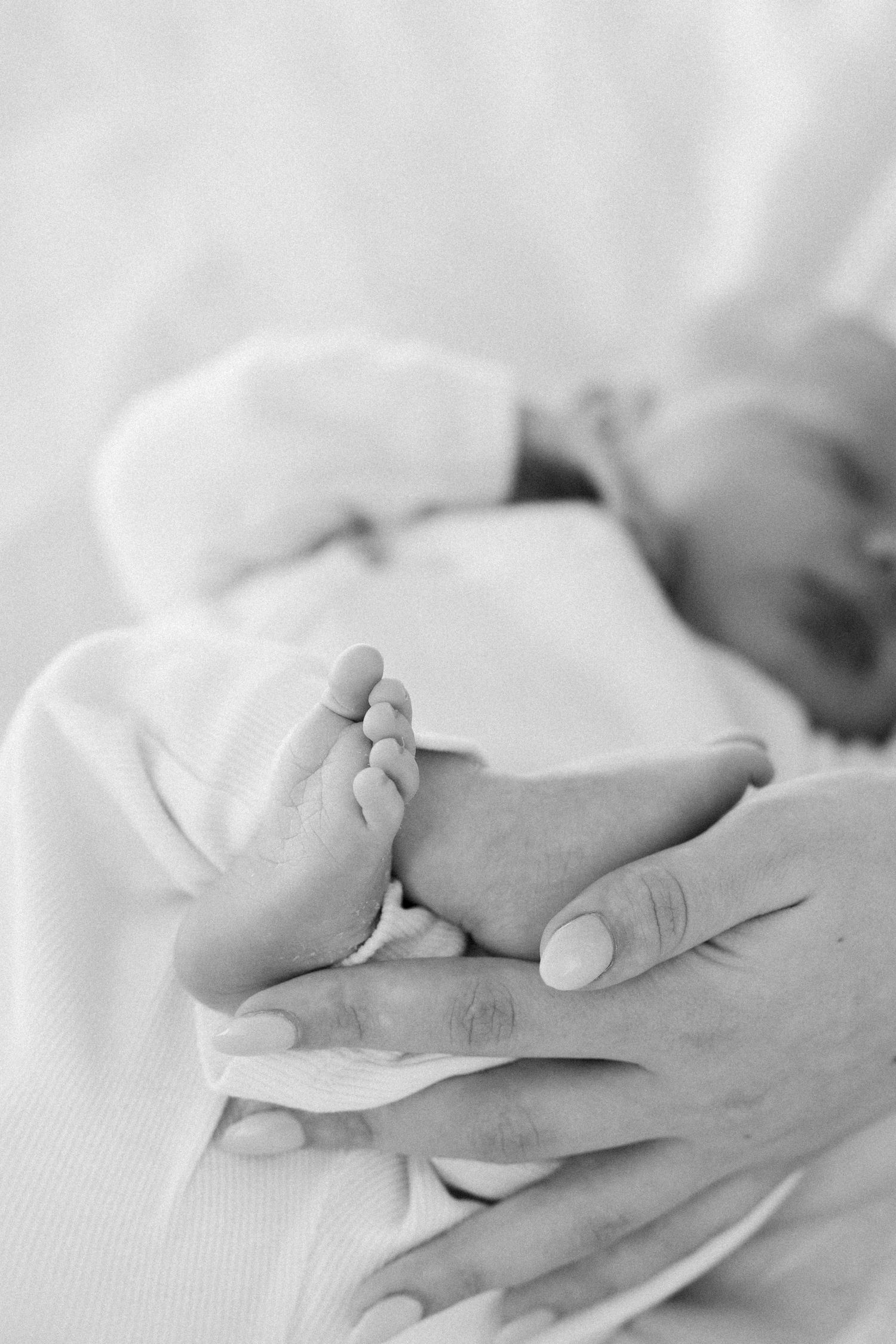 Close-up of gentle hands holding tiny newborn feet against white background.