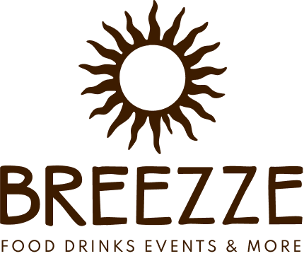 Brown sun-inspired logo design for Breezze Food Drinks Events & More with multiple sunburst elements.
