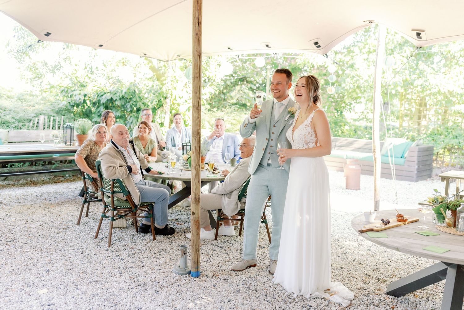 A series of candid moments captured at an outdoor wedding reception with guests mingling under a covered patio area.