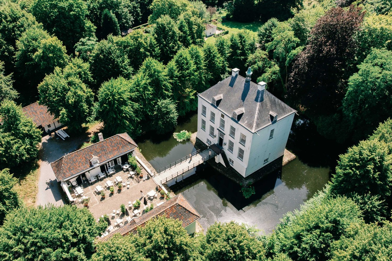 Aerial view of a white historic mansion with adjacent patio area surrounded by lush green trees.