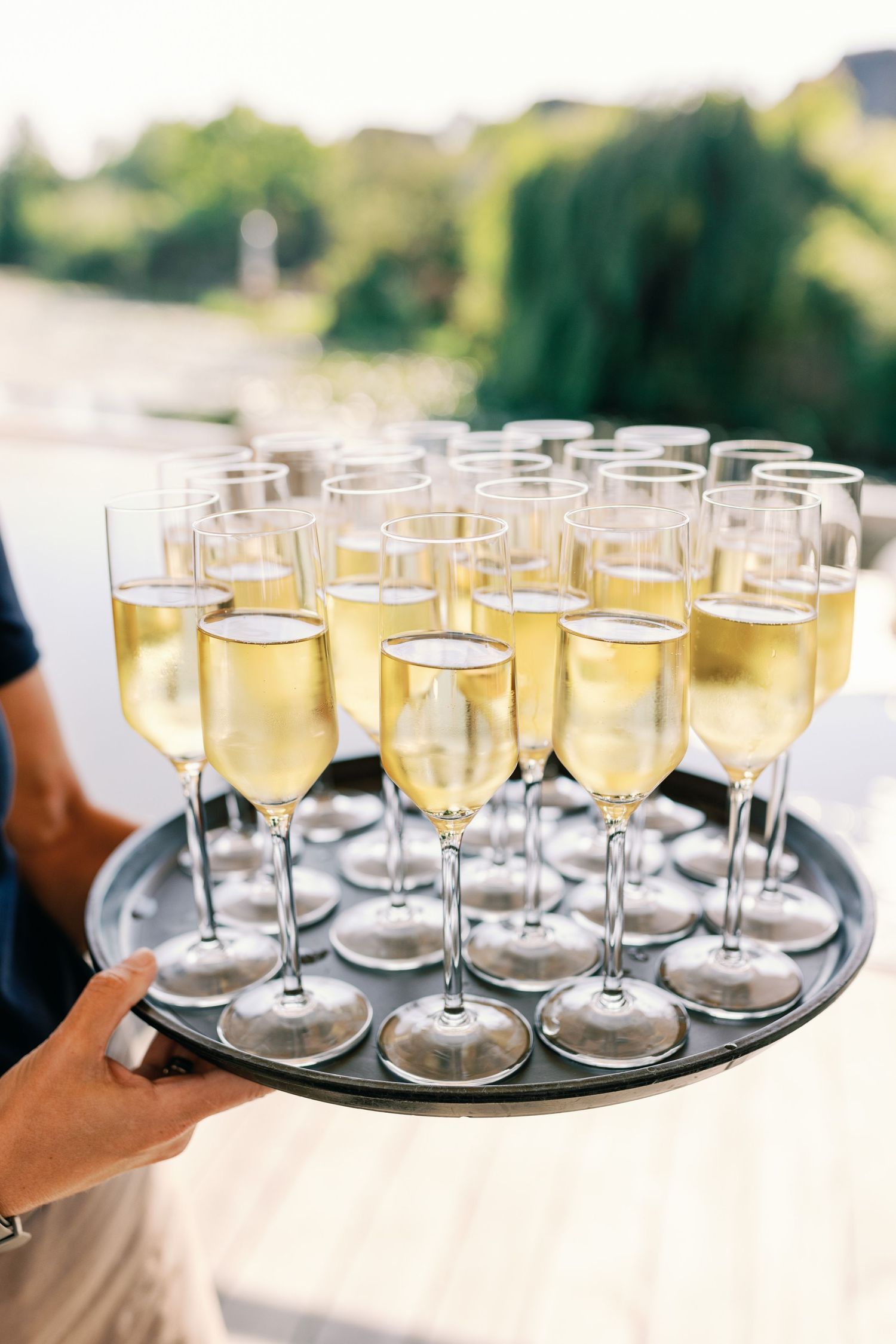 Trays of champagne glasses filled with golden bubbly await wedding guests.