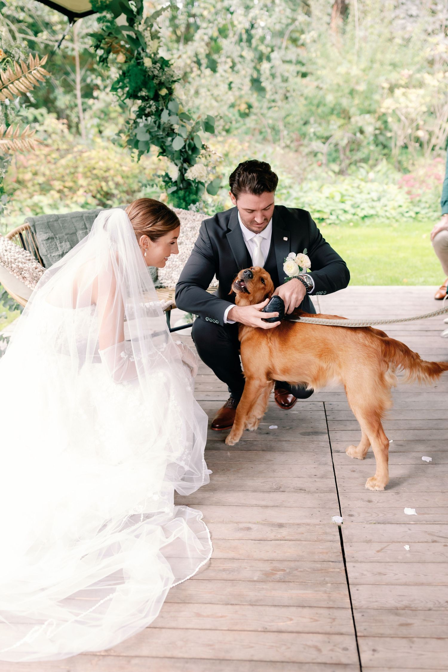 A wedding couple plays with their golden retriever dog on a wooden deck during their photo session.