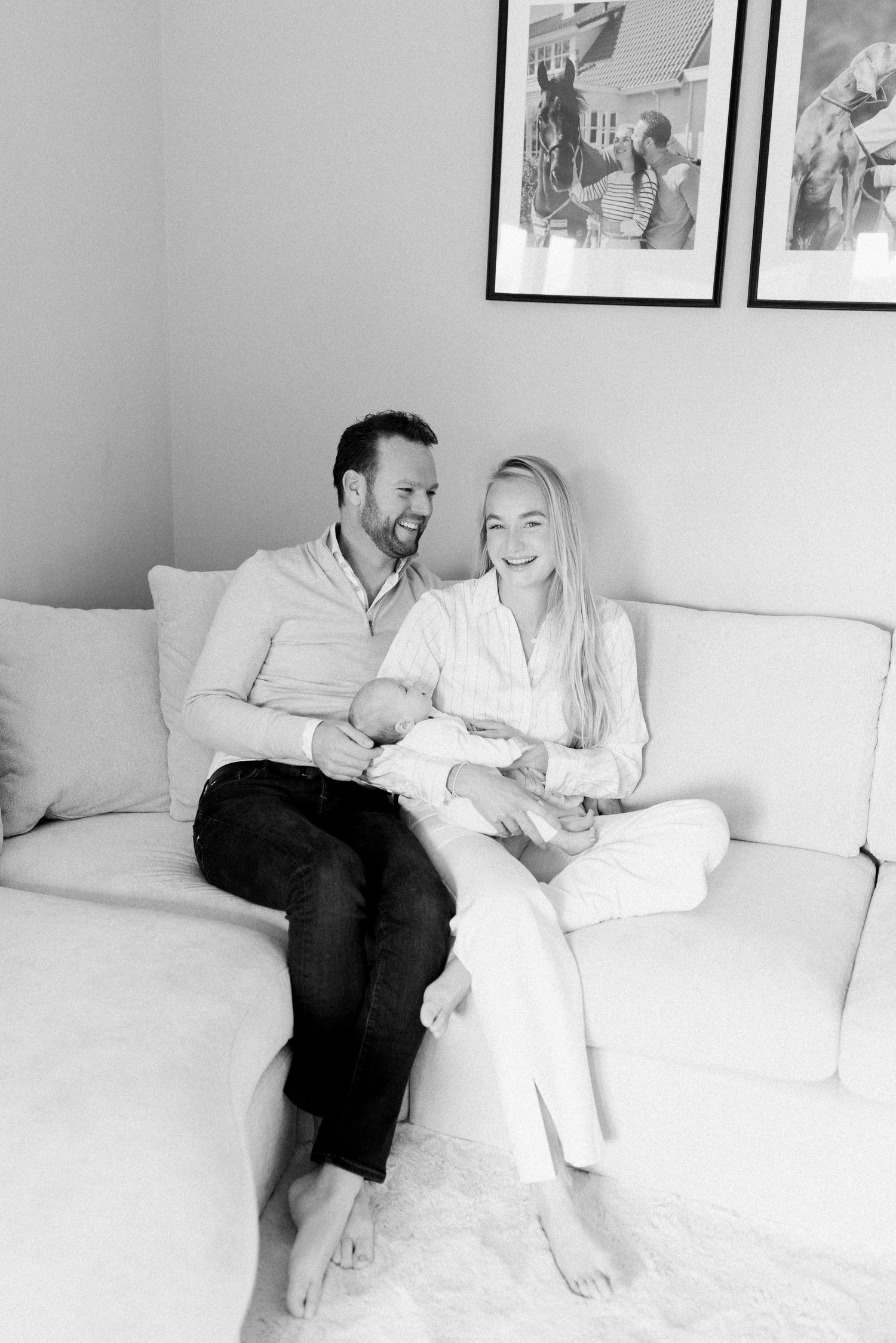A series of intimate family moments captured on a white couch showing tender interactions.