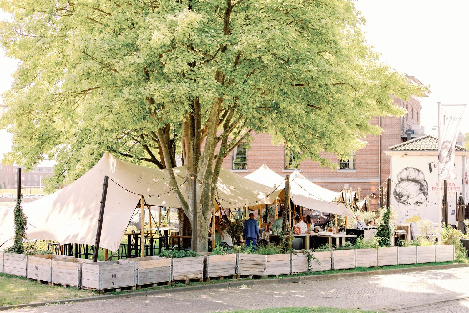 Outdoor wedding reception under white tent canopies beside a large green tree with wooden planter box fencing.