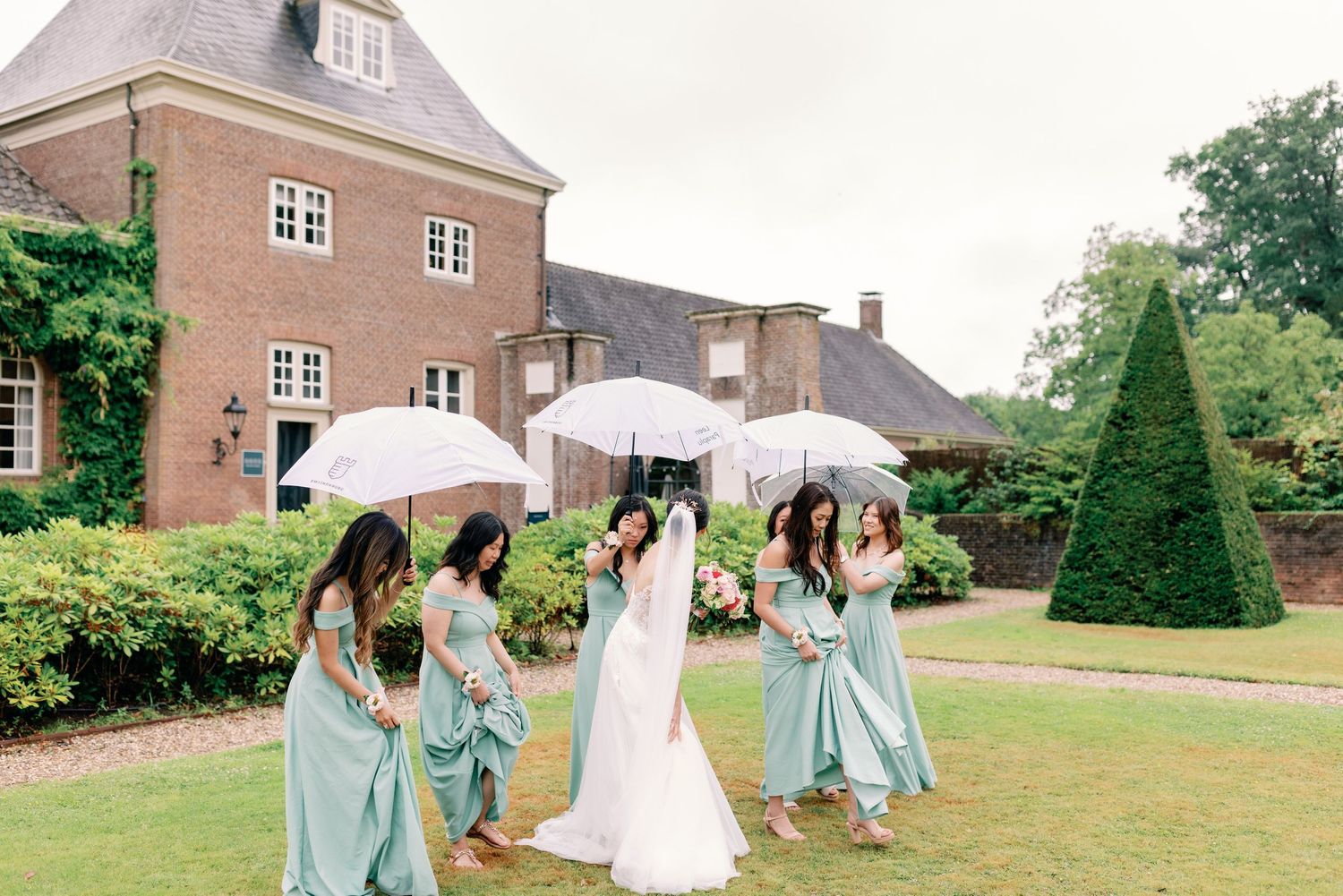 A sequence of wedding party photos shows bridesmaids in light blue dresses celebrating with the bride on a sunny lawn.