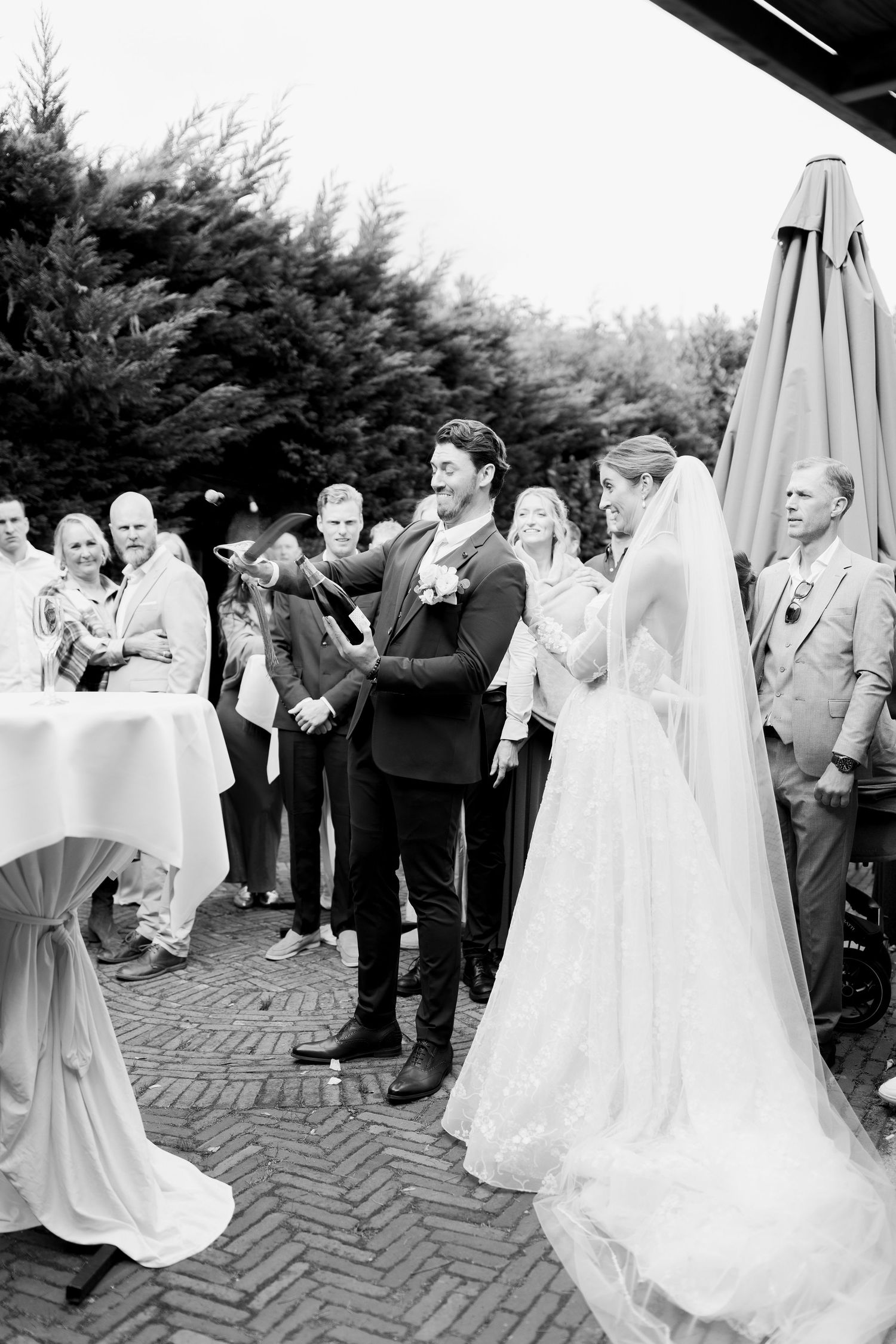 A sequence of wedding photos showing guests reacting with excitement as a bride reveals her dress at an outdoor venue.