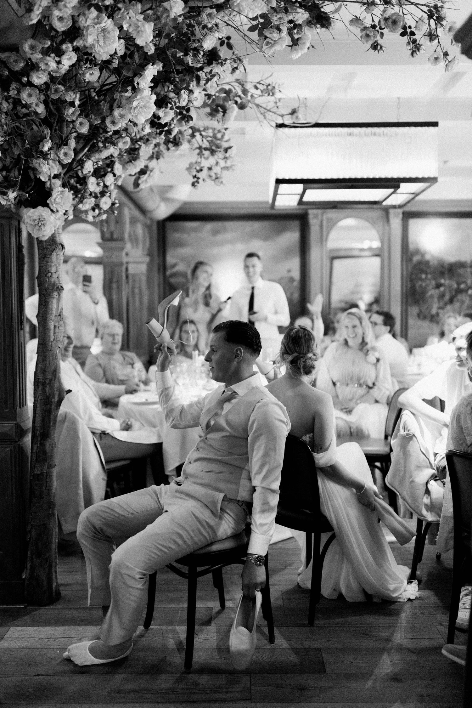 Black and white photo sequence showing couples dancing and enjoying themselves at a vintage party or celebration.