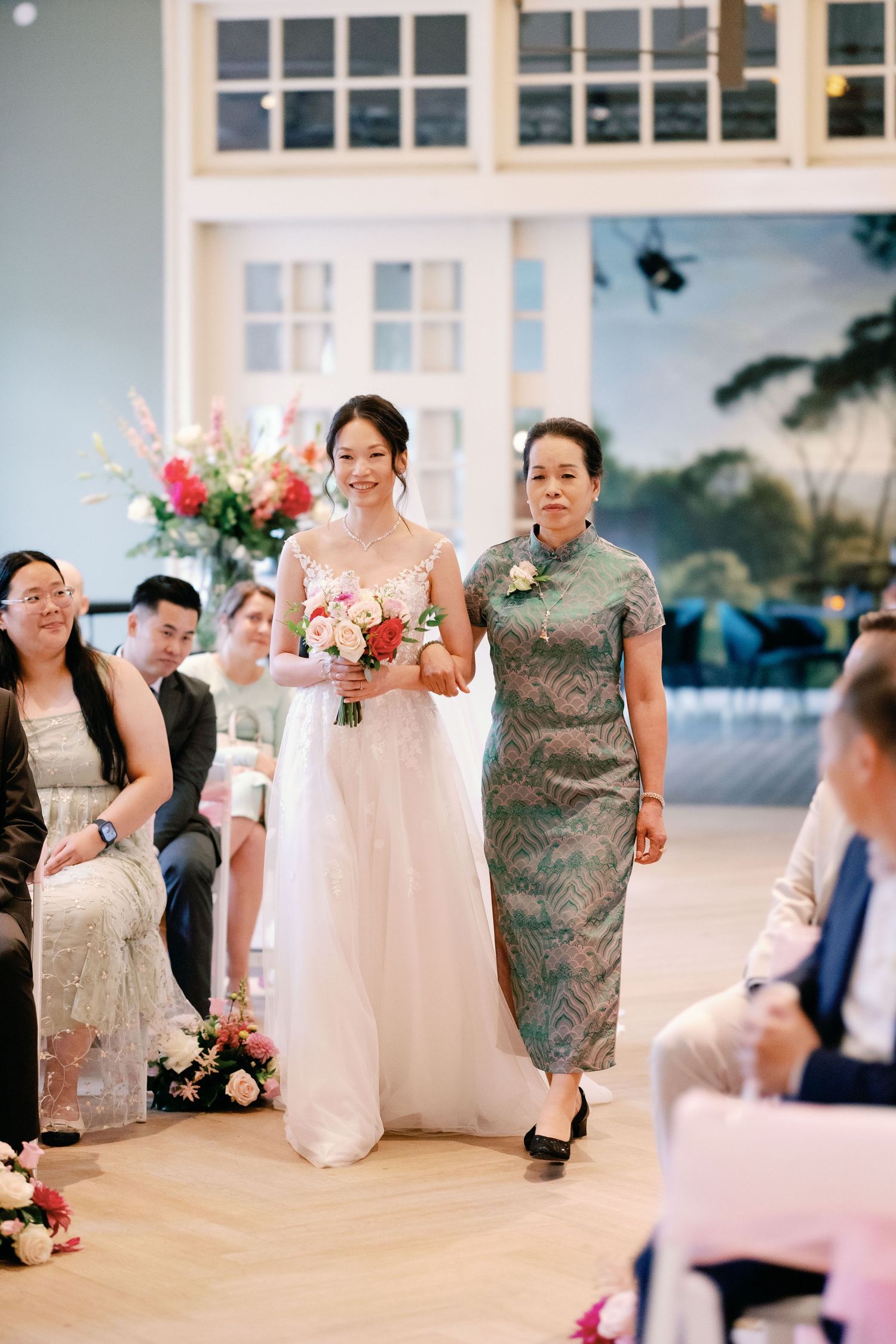 A series of wedding reception photos showing guests and the bride in a white dress during a celebratory moment.