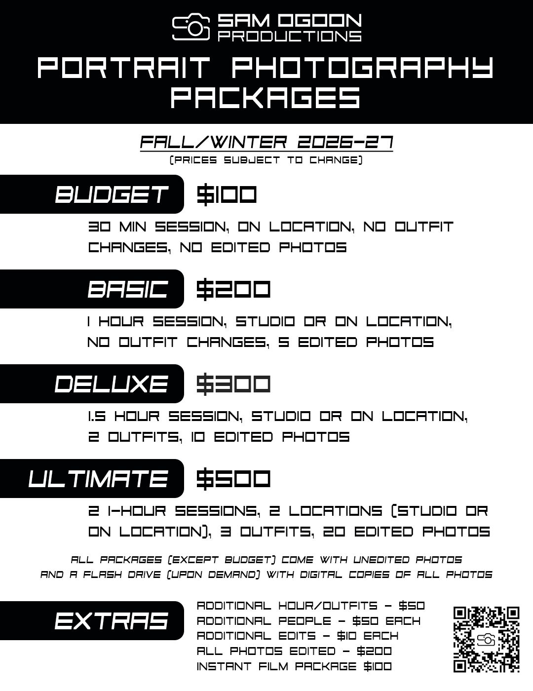 Sam Ogdon Productions portrait photography packages flyer showing Budget,Basic,Deluxe,and Ultimate options ranging from $100-$500.