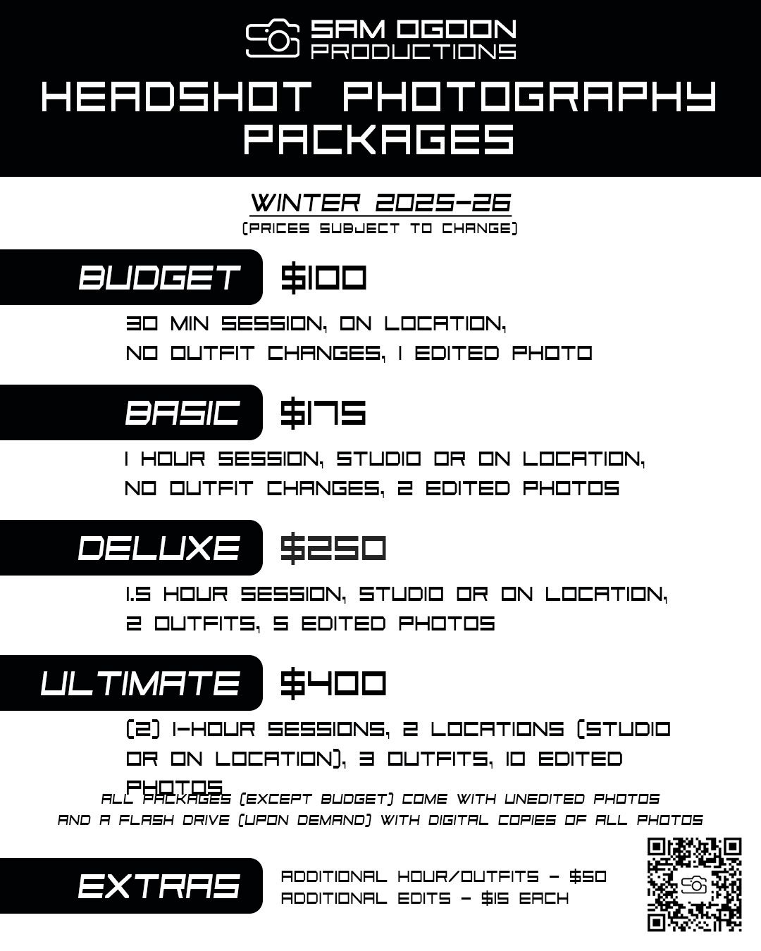 Professional photography pricing menu displaying headshot packages with rates and session details in black and white design.