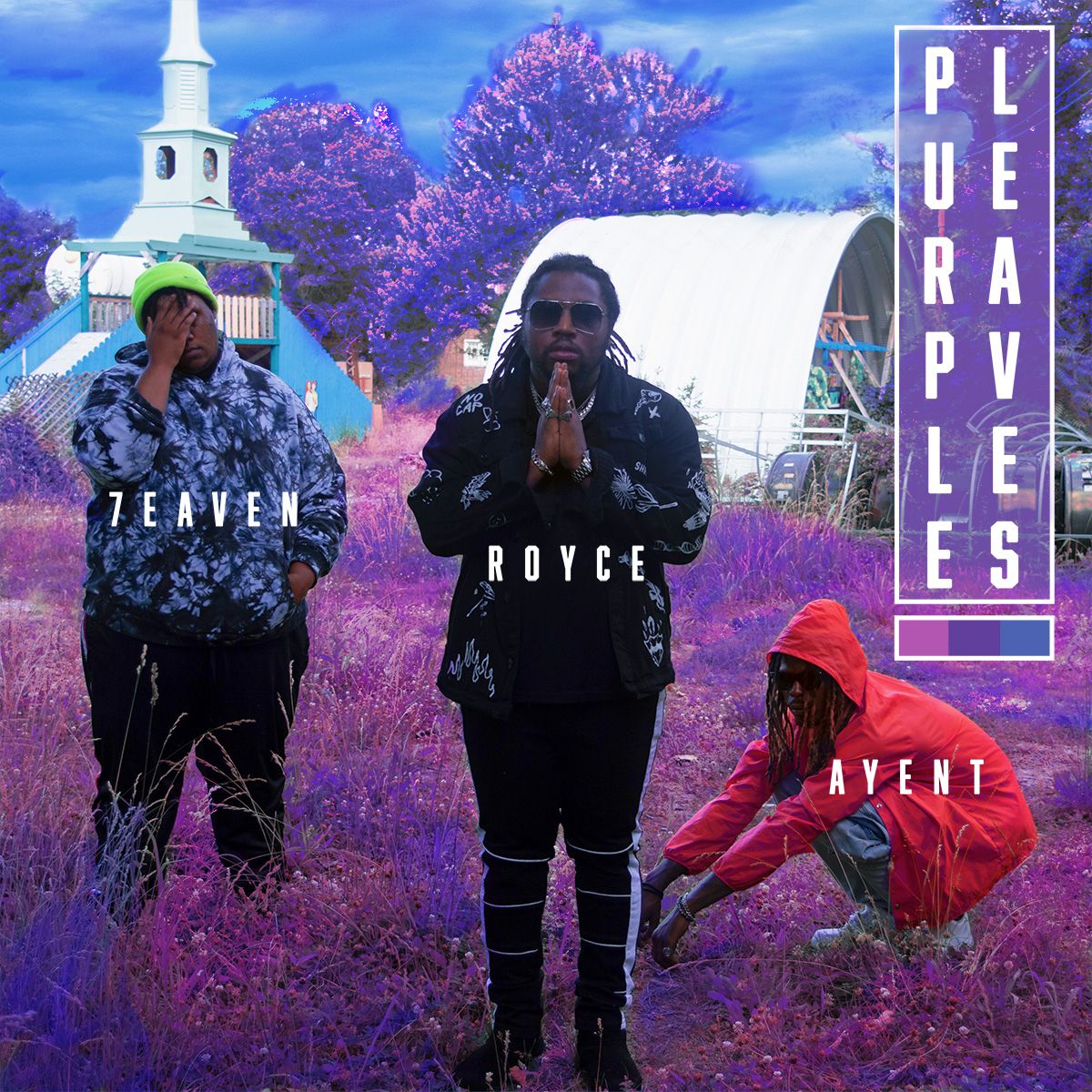 Album art with silhouettes against vibrant purple flowers and blue sky.