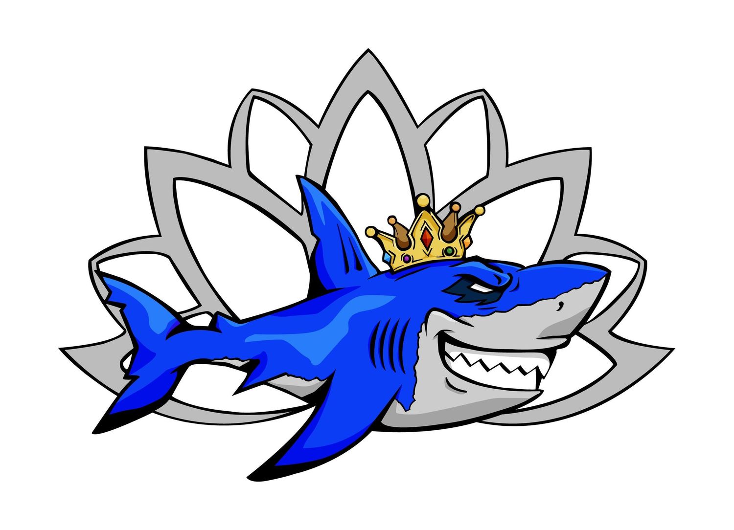 Blue shark illustrations with crown and lotus flower designs in a repeating pattern.