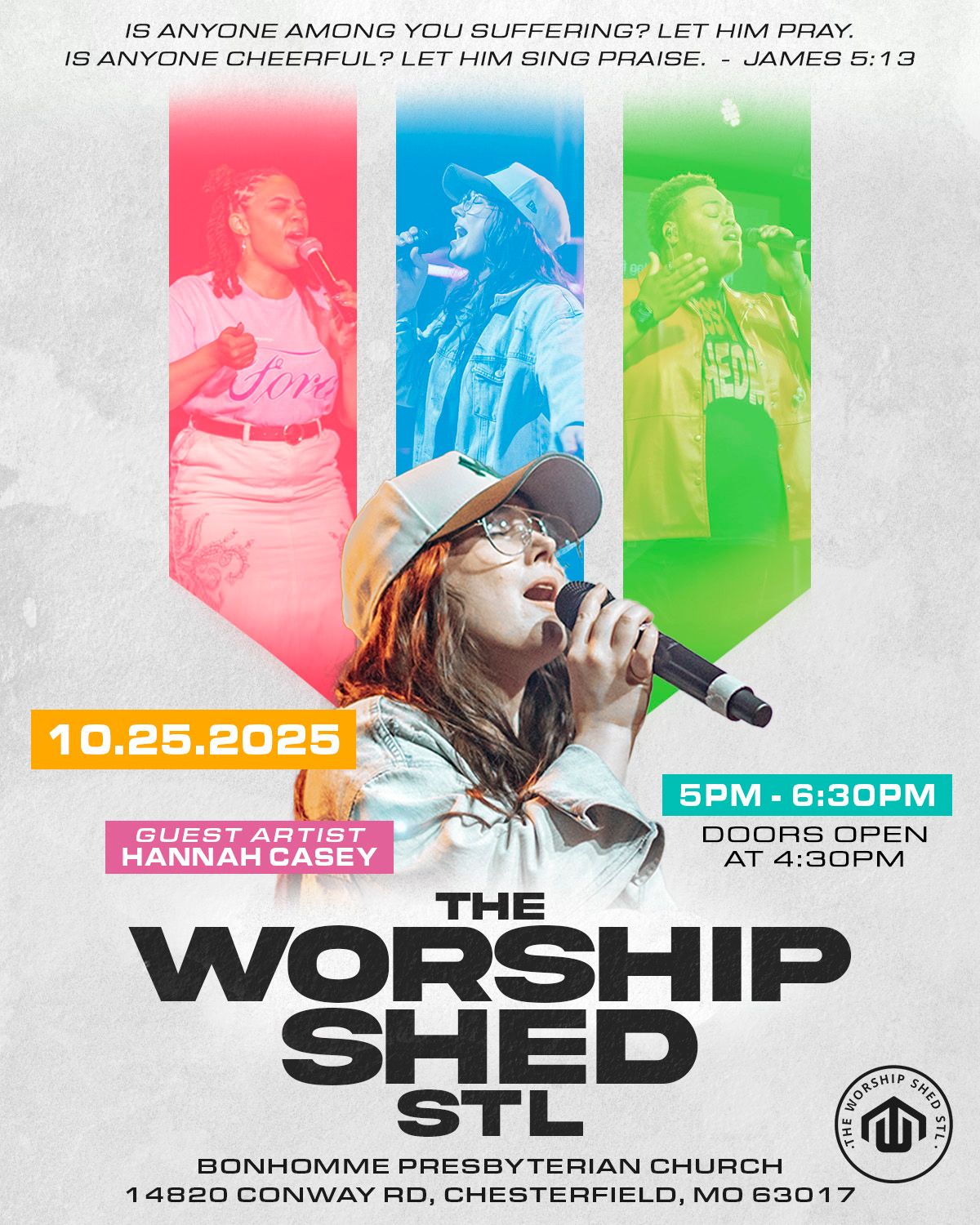Worship event poster featuring colorful striped design and performance imagery.