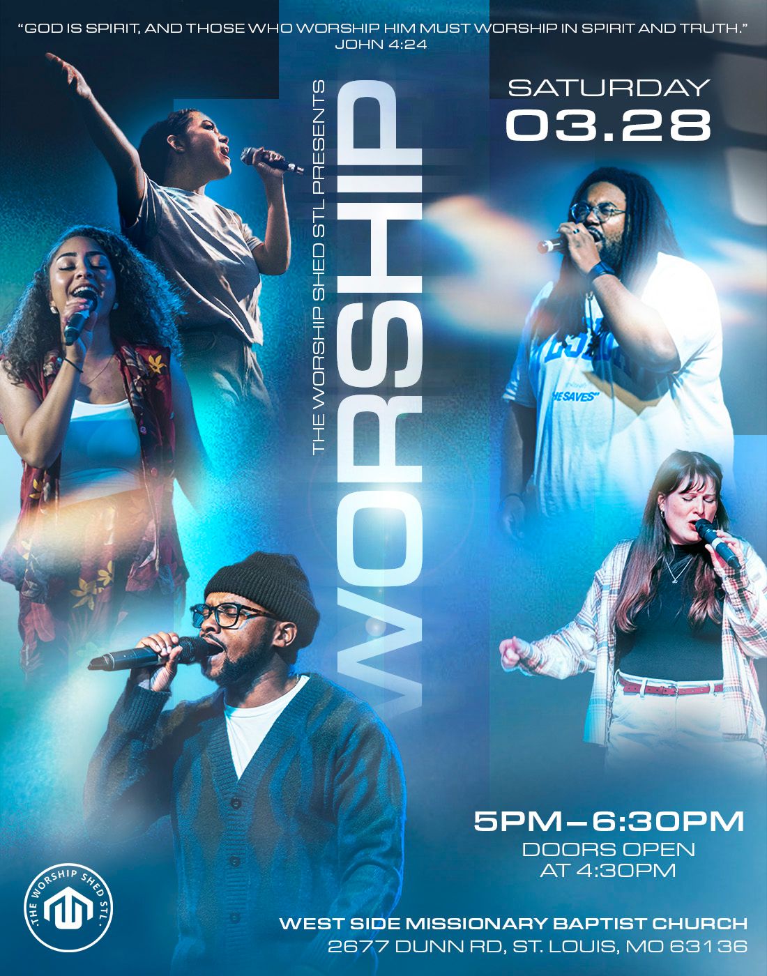 A blue-tinted church event promotional banner featuring performers and text details for a Saturday worship service.