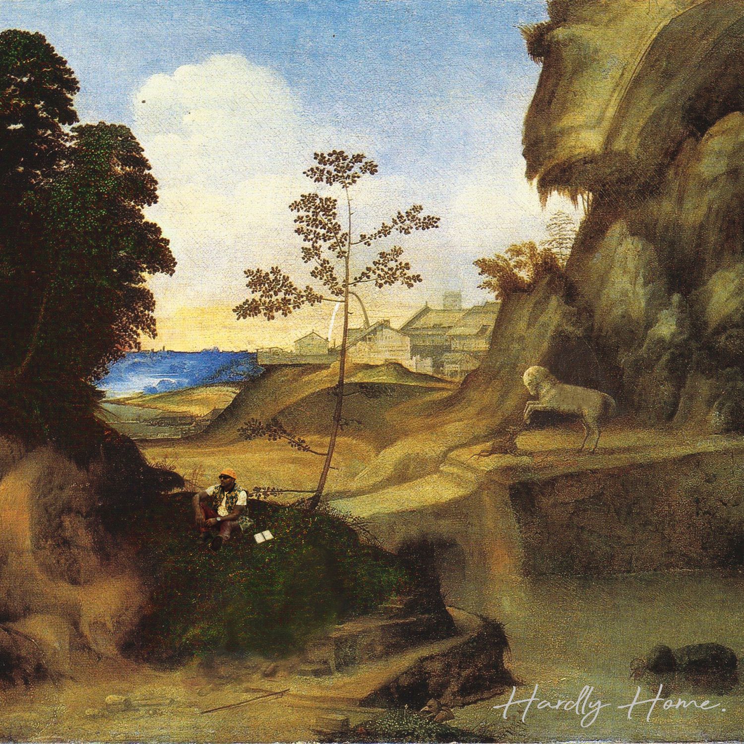 Series of landscape paintings featuring rolling hills and trees in warm evening light.
