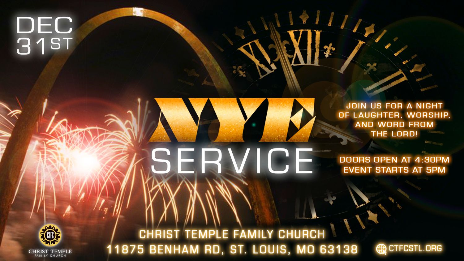 Church sign advertising NYE service with fireworks and glowing roman numeral clock display at Christ Temple Family Church.