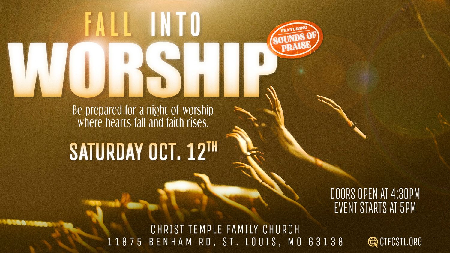 Worship event banner with warm golden lighting and church venue details.