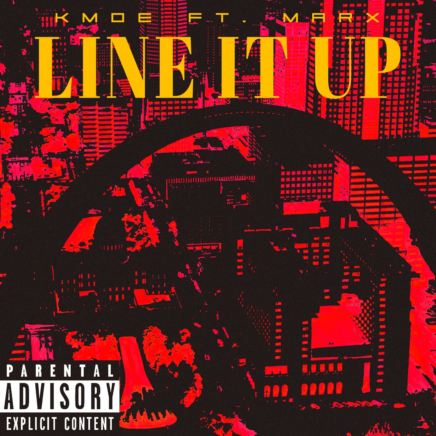 Red and black abstract urban album artwork with 'LINE IT UP' text and parental advisory label.