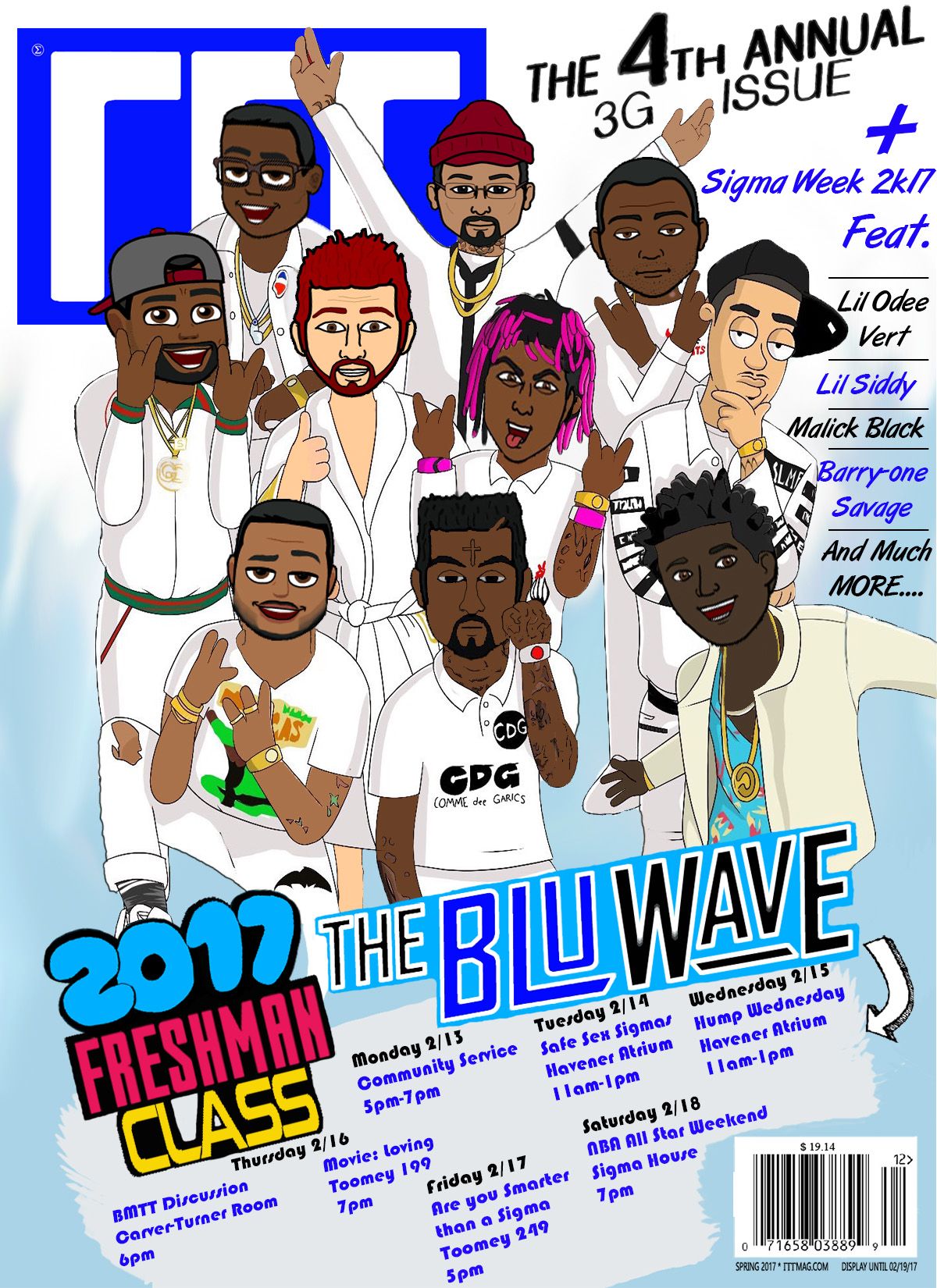 Cartoon-style magazine cover collection featuring blue and white design elements.
