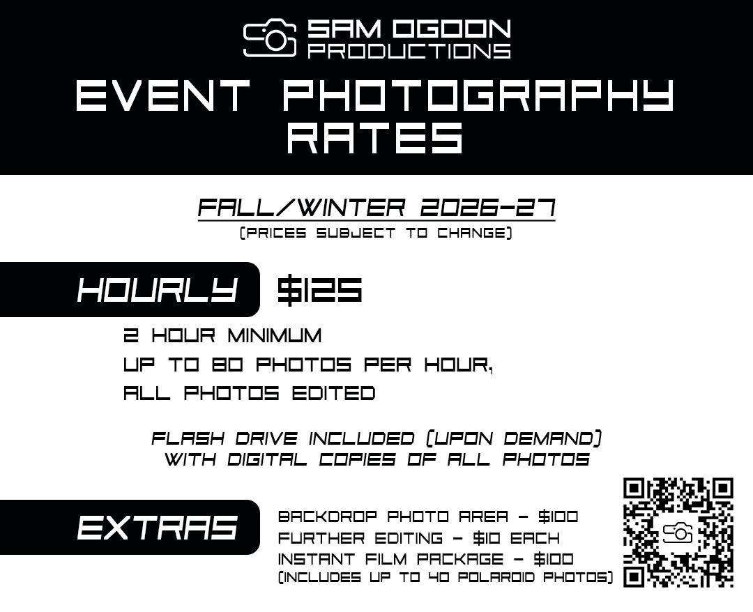 Sam Ogdon Productions event photography rates flyer showing hourly pricing of $125 for fall/winter 2026-27 season.