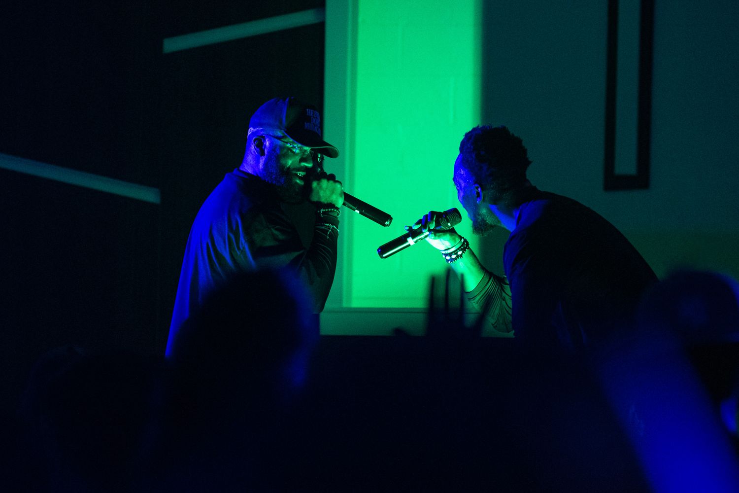 A performer silhouetted against dramatic green and blue stage lighting during a live music performance.