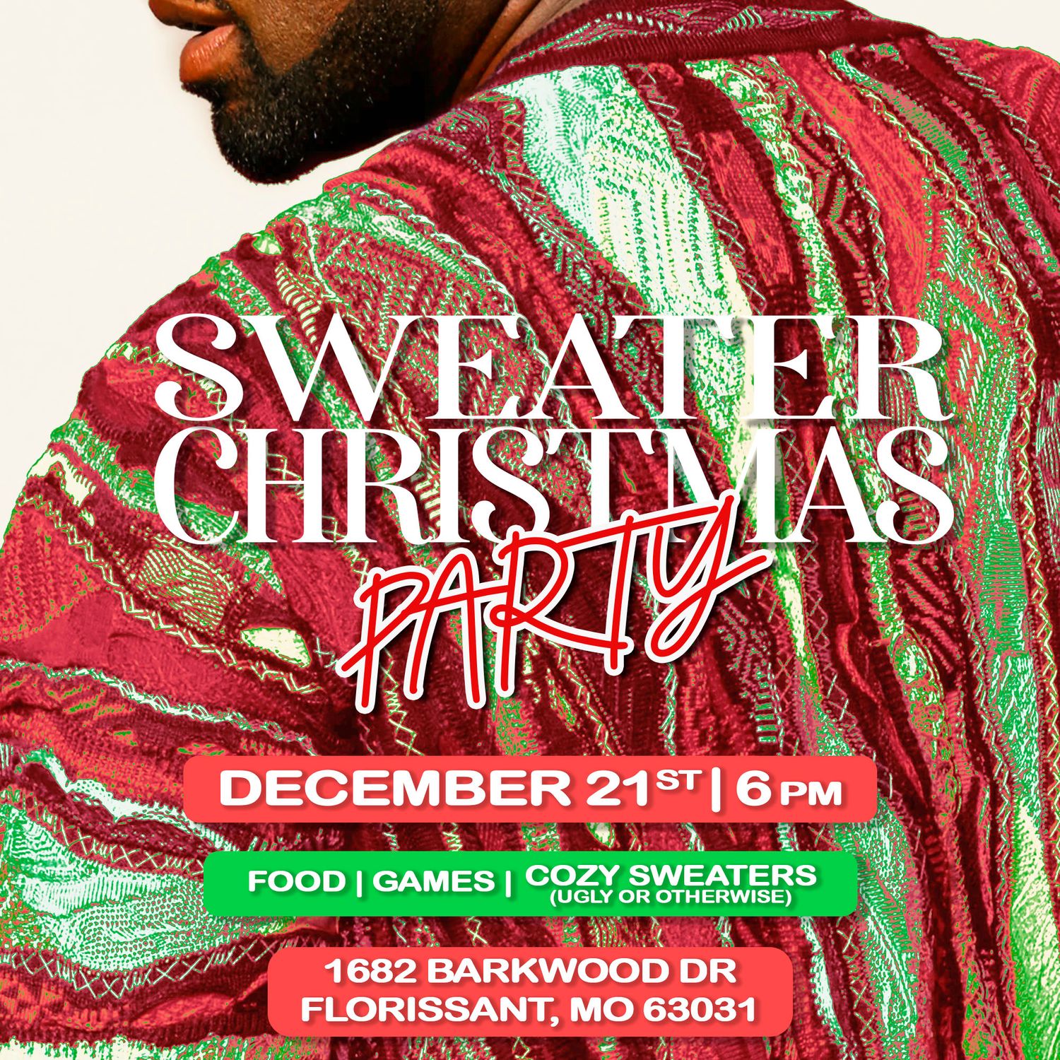 Red and green holiday sweater pattern with decorative text and address details on white background.