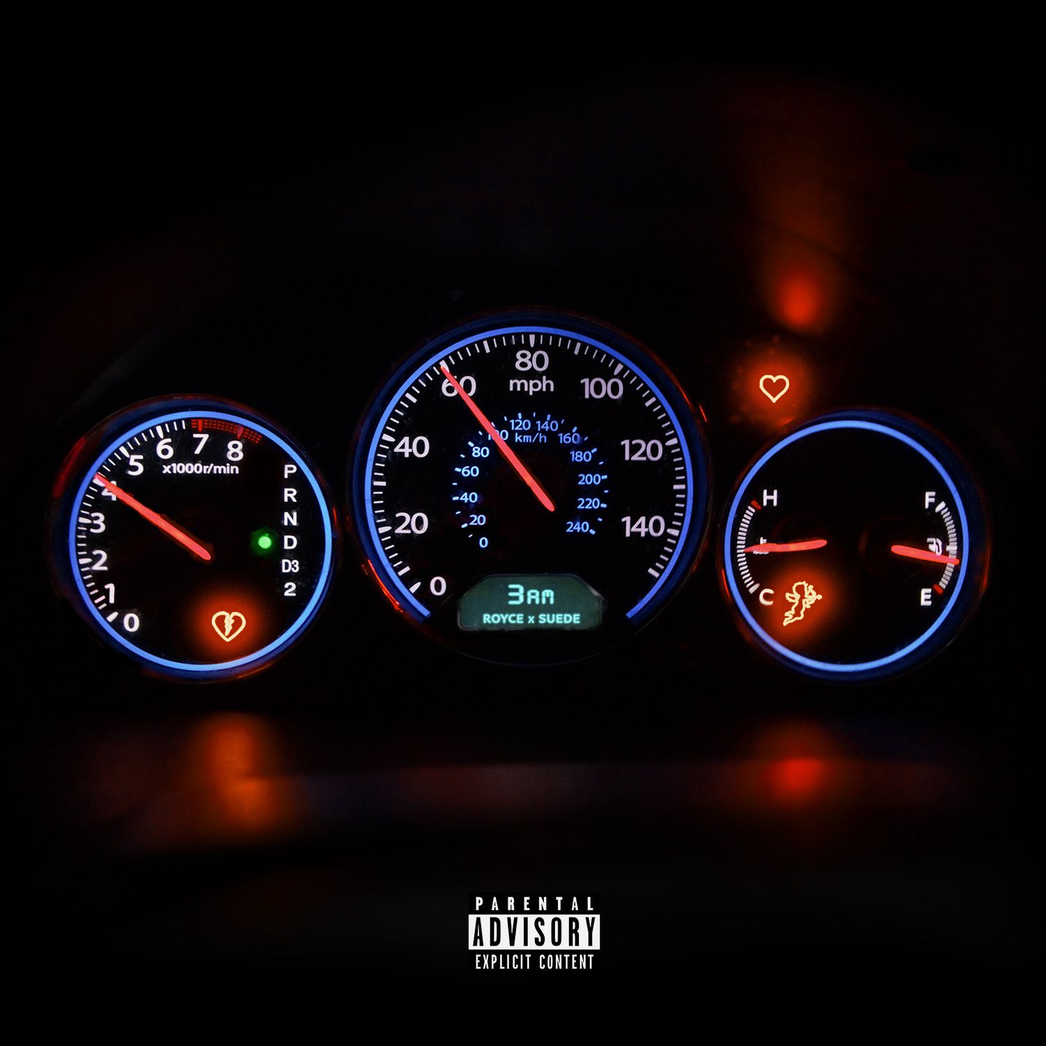 Car dashboard instrument panel glowing with blue and red illumination at night.