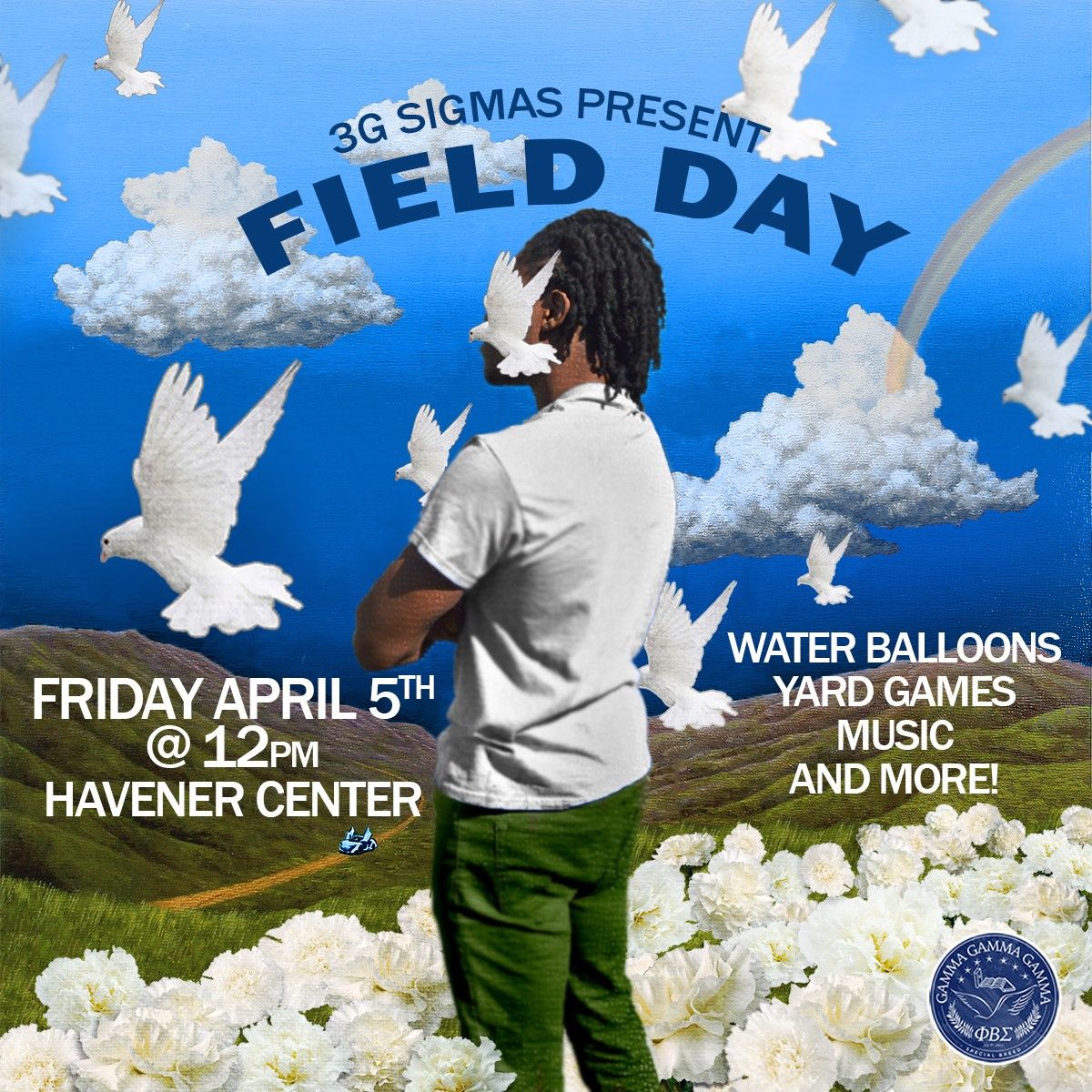 Spring field day event banner with white doves and flowers against blue sky background.