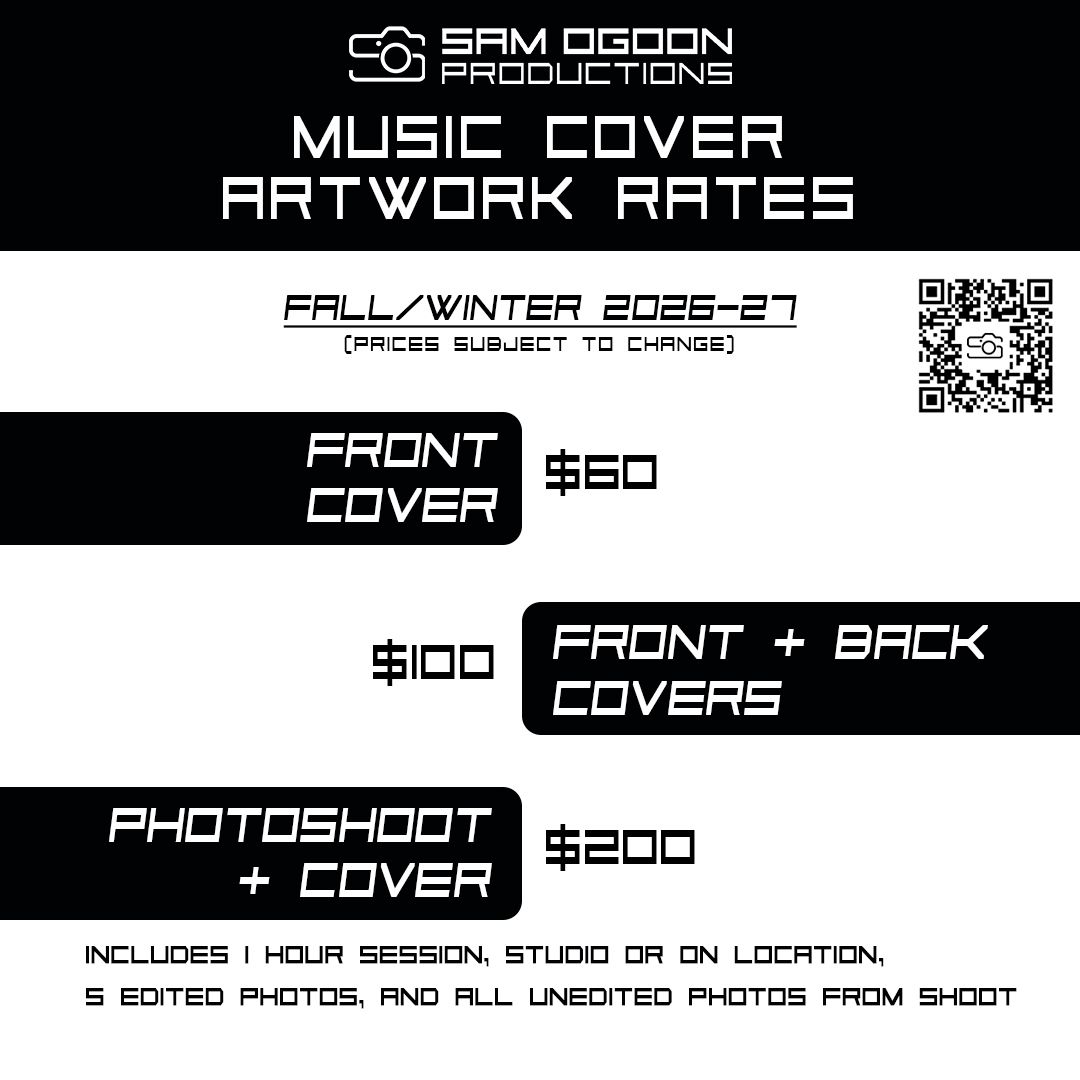 Sam Ogoon Productions music cover artwork rates flyer showing Front Cover $60, Front and Back Covers $100, and Photoshoot plus Cover $200.