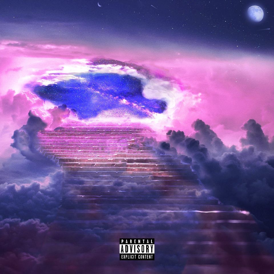 Dreamy sky scene with clouds, moon and pink-purple gradient.