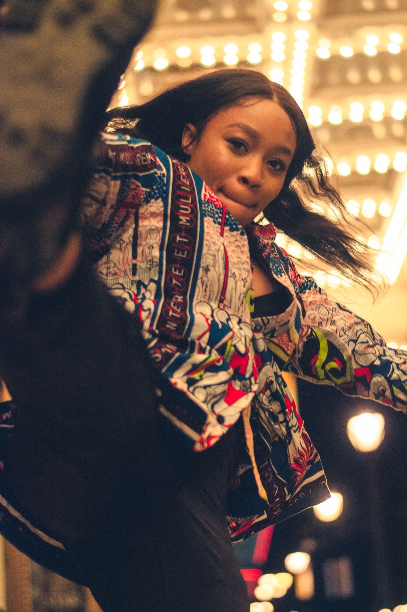 Sequential portrait shots with colorful ethnic fashion designs illuminated by soft bokeh lighting effects.