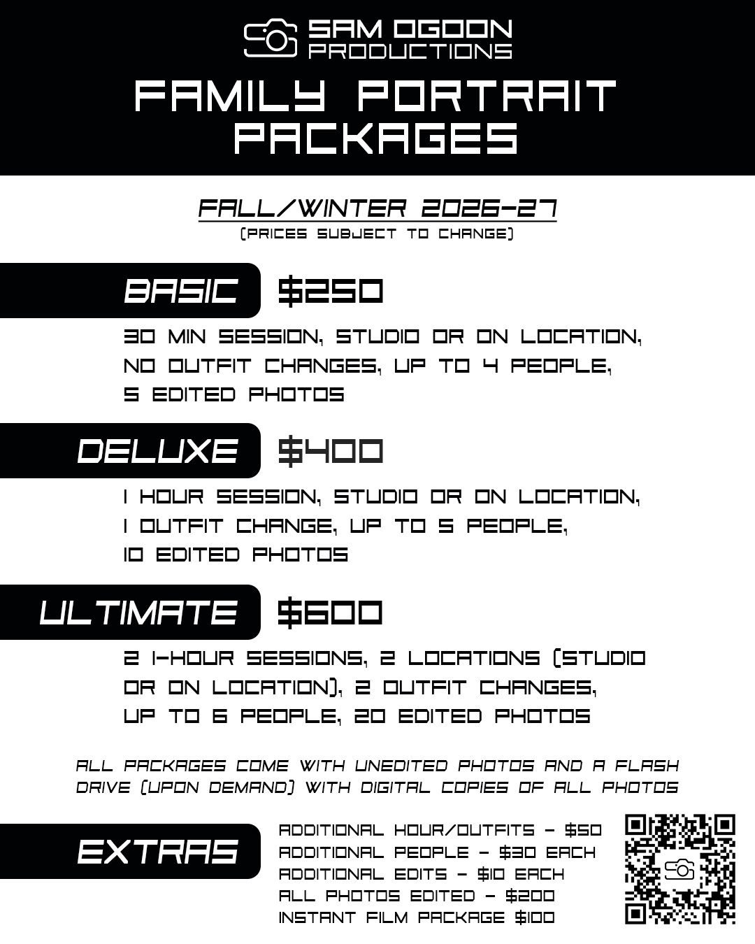 Sam Ogdon Productions family portrait packages flyer showing Basic $250, Deluxe $400, and Ultimate $600 photography options.