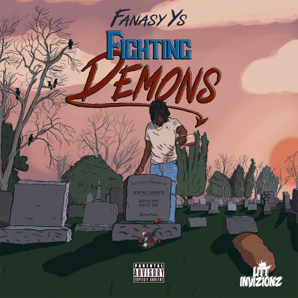 Illustrated cemetery scene at sunset with figures and 'DEMONS' text overlay.