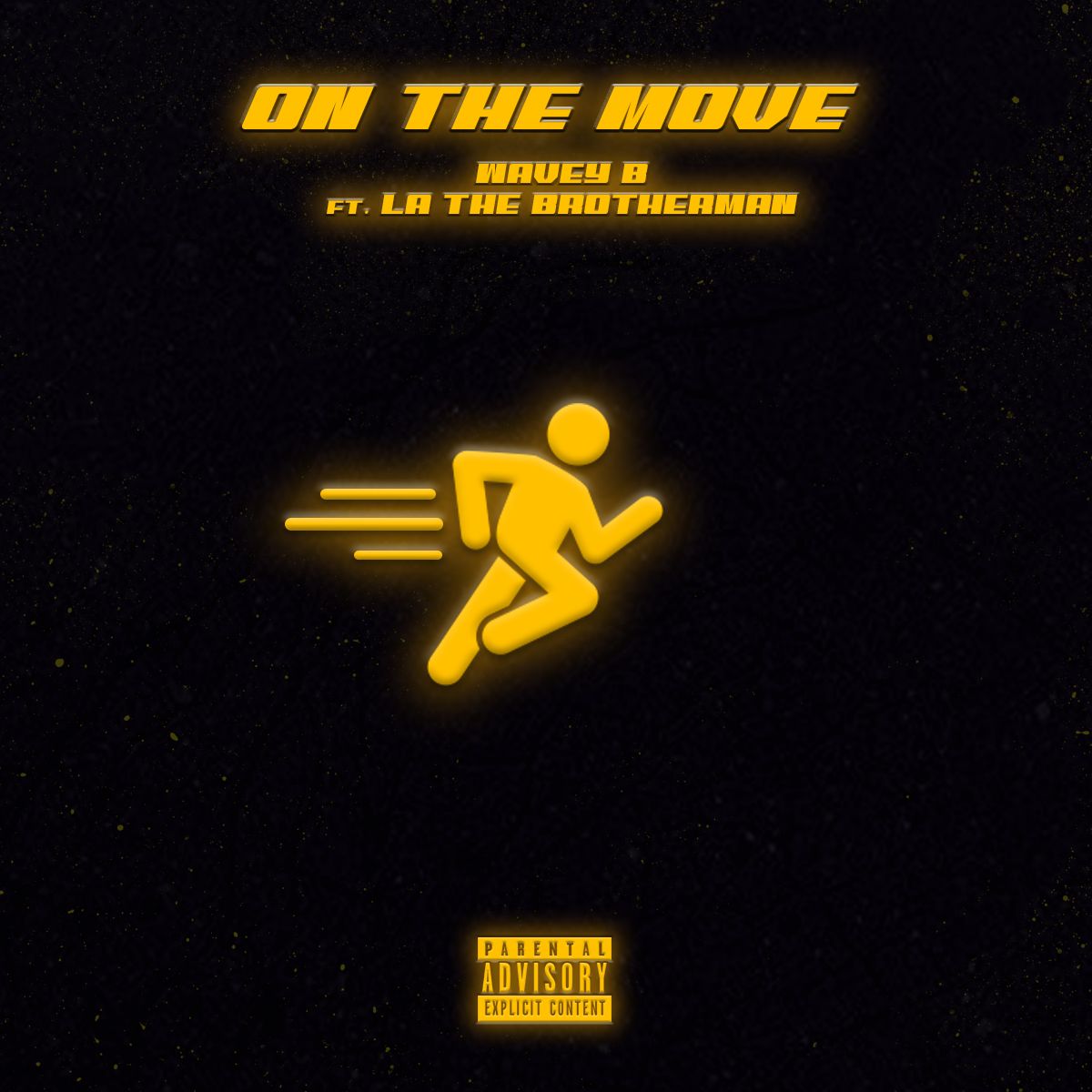 Animated yellow stick figure sequence showing running motion against black background.